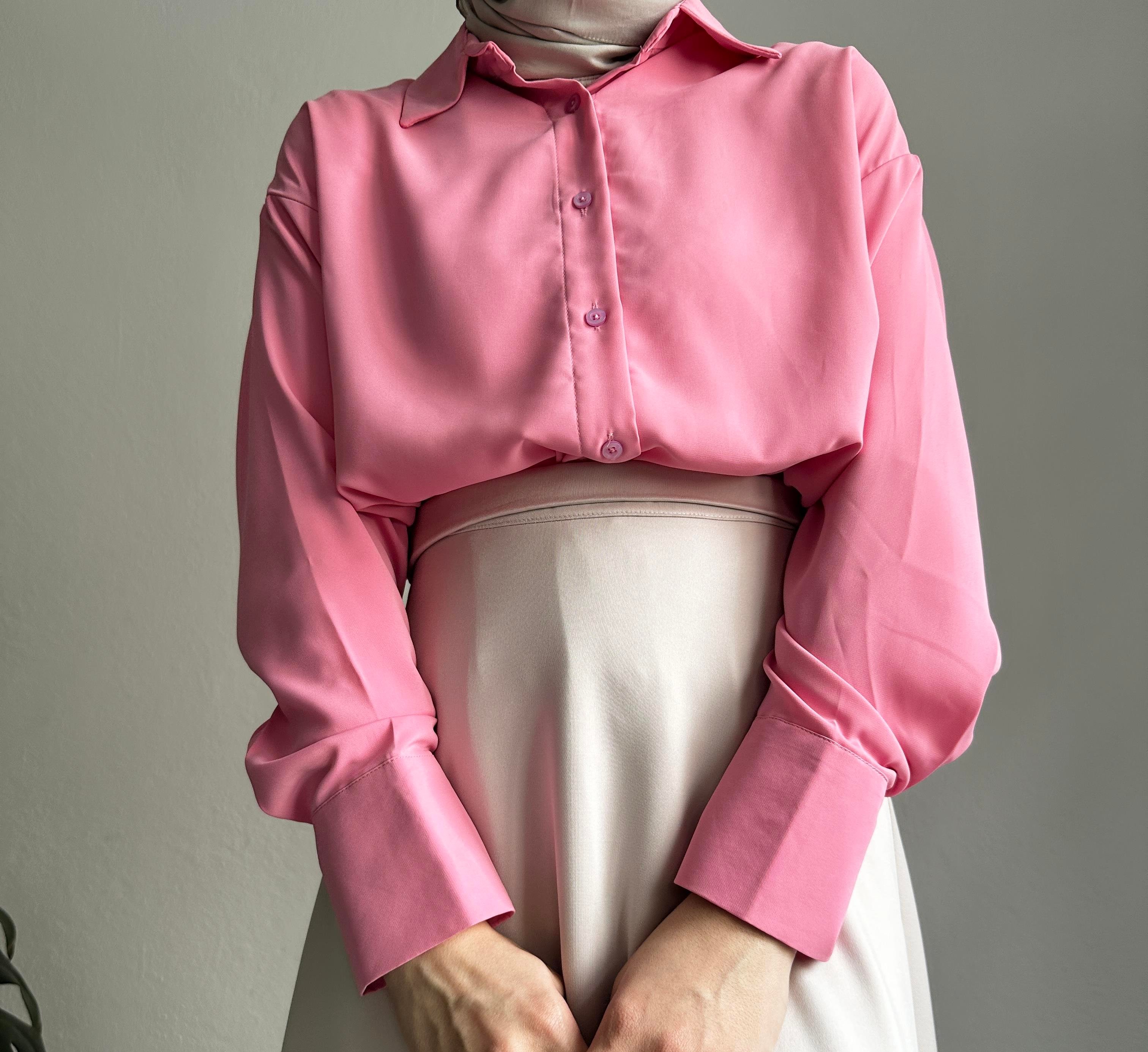 Pembe Mat Şifon Oversize Gömlek