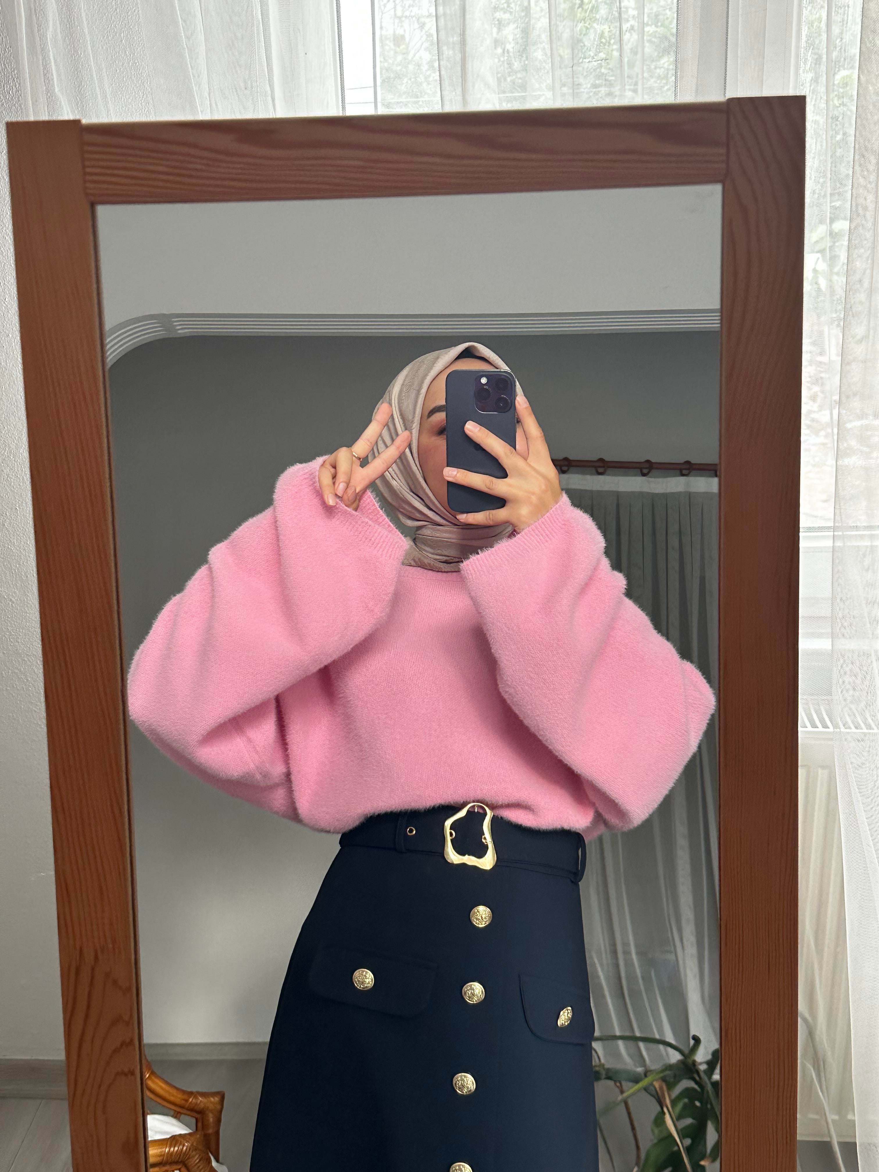 Pembe Peluş Oversize Kazak