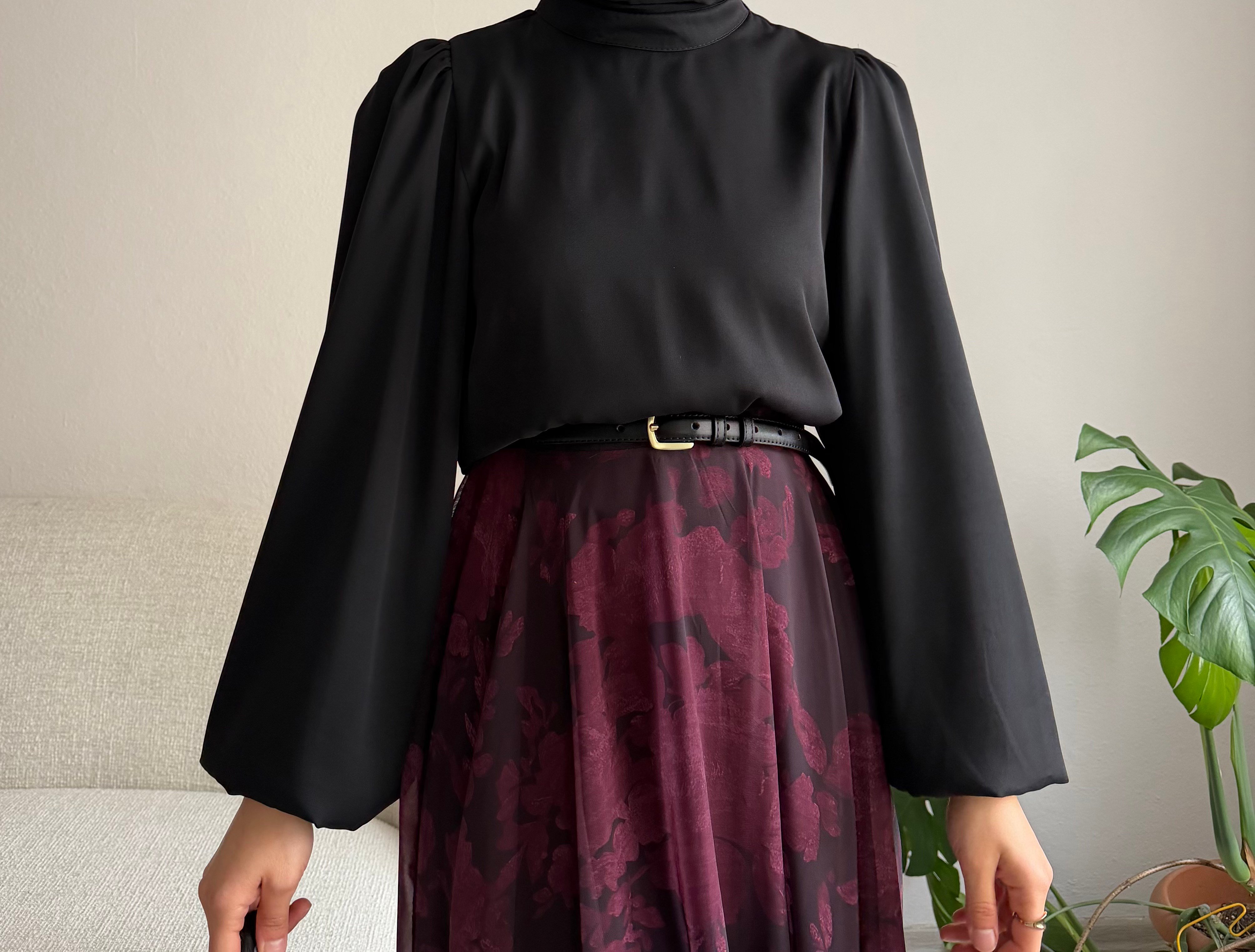 Siyah Balon Kol Krep Bluz