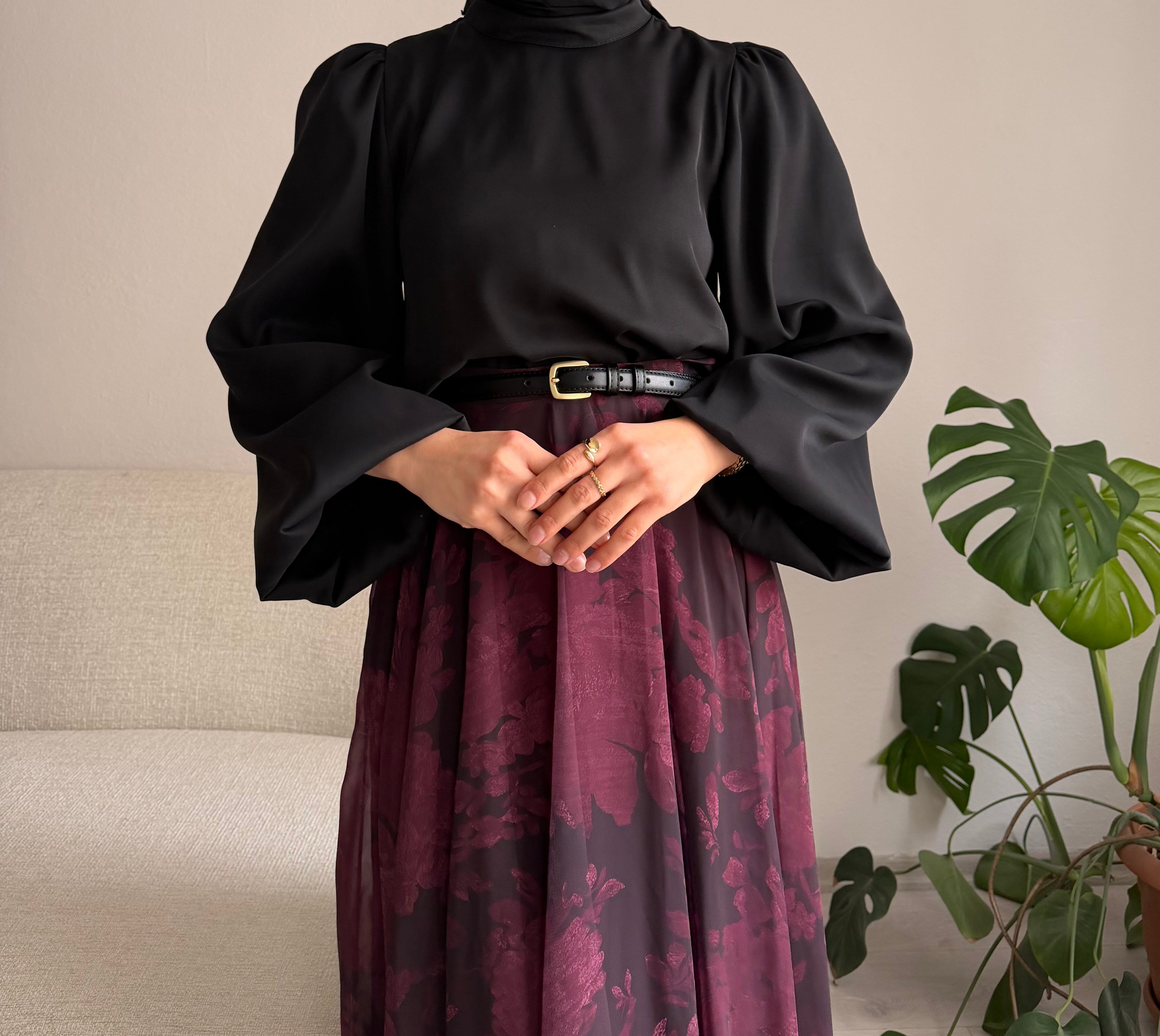 Siyah Balon Kol Krep Bluz