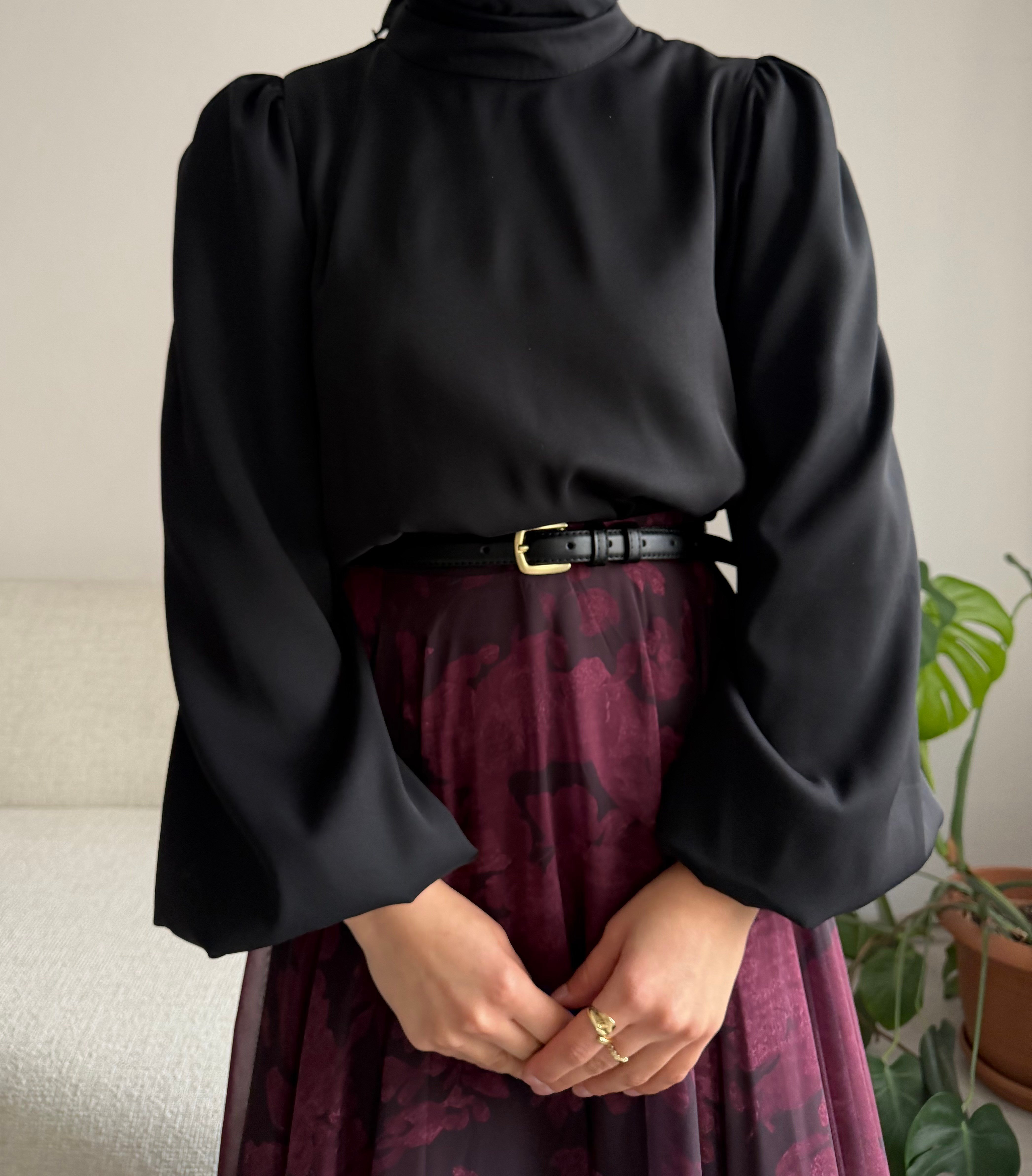 Siyah Balon Kol Krep Bluz