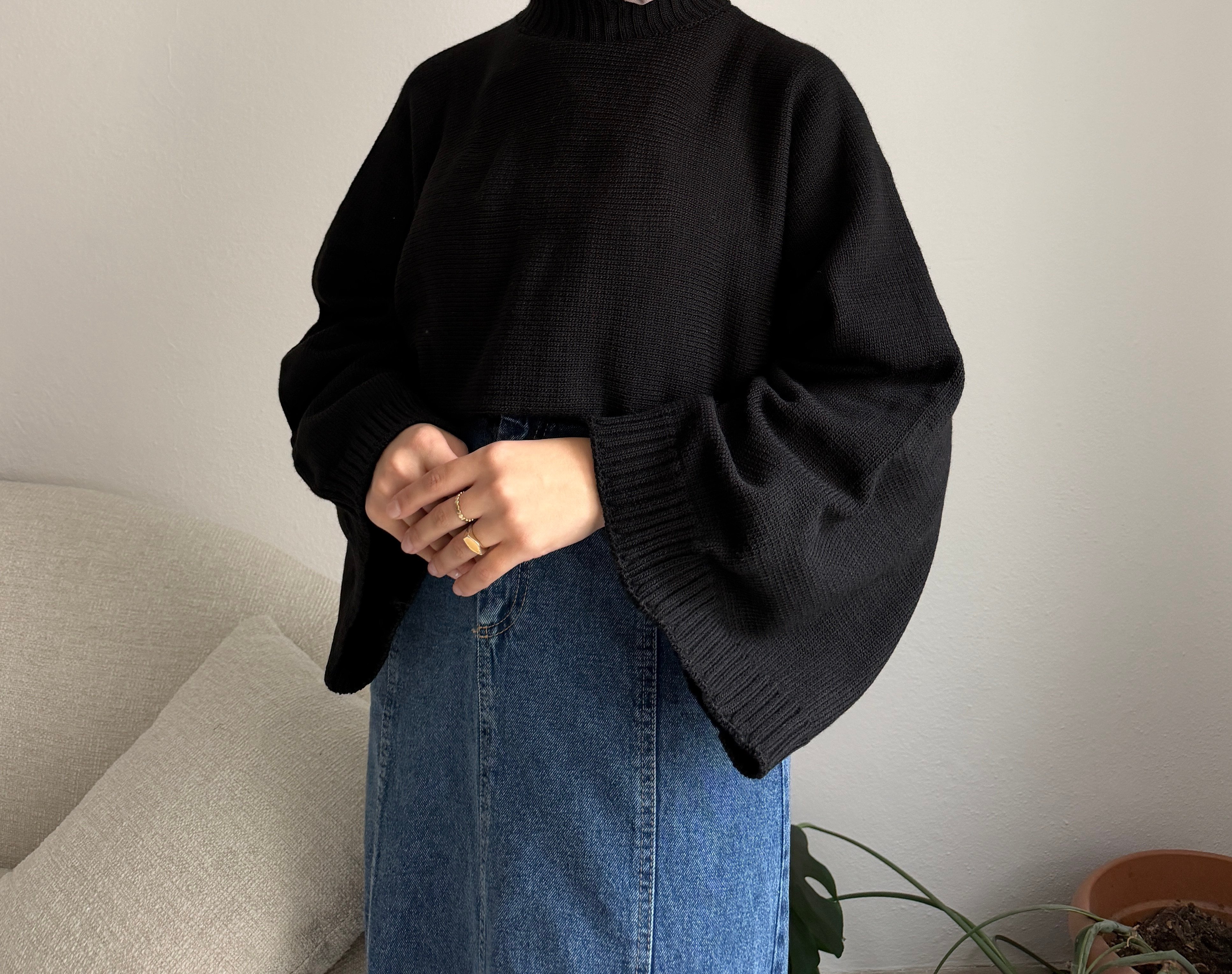 Siyah Geniş Kol Oversize Kazak