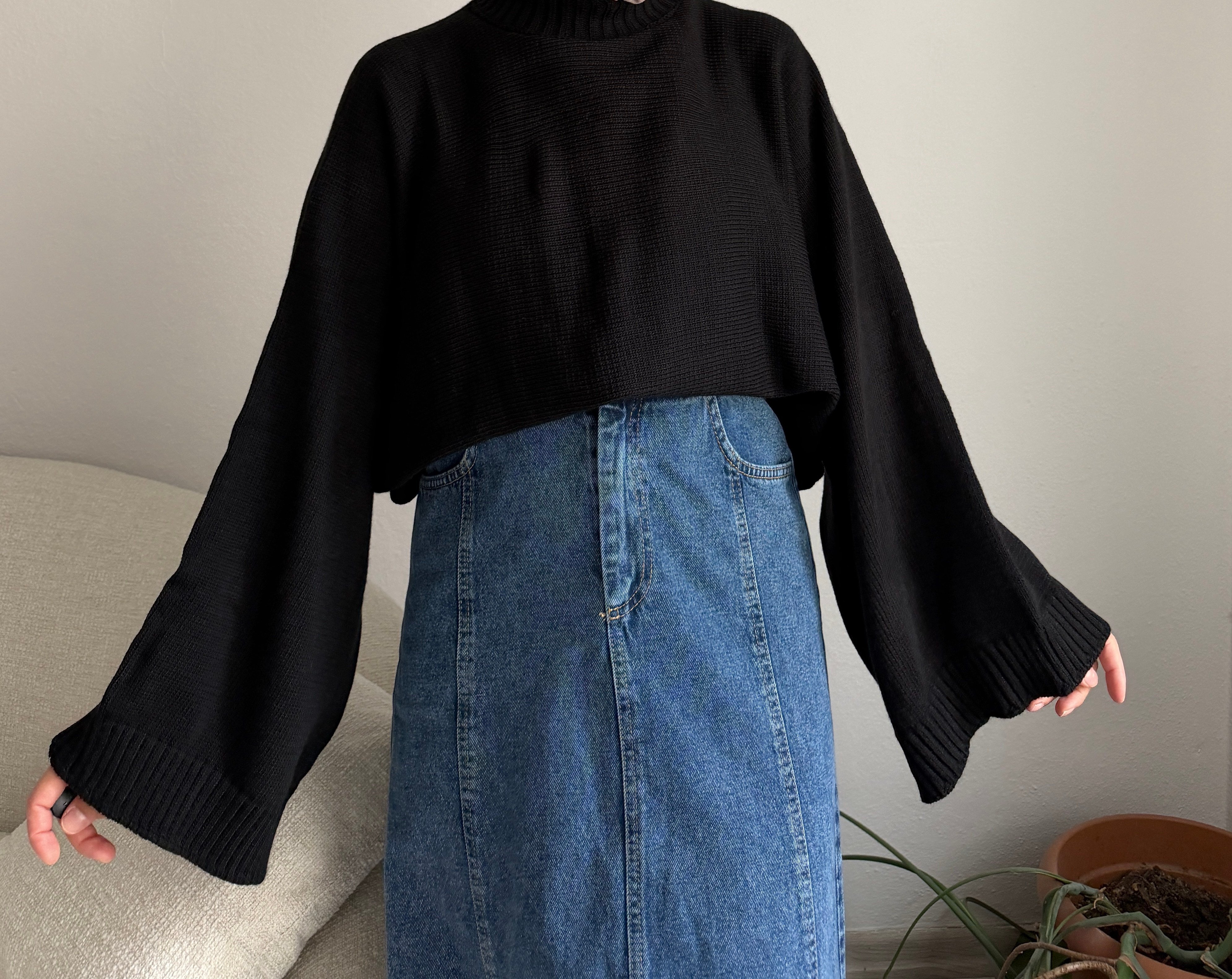 Siyah Geniş Kol Oversize Kazak