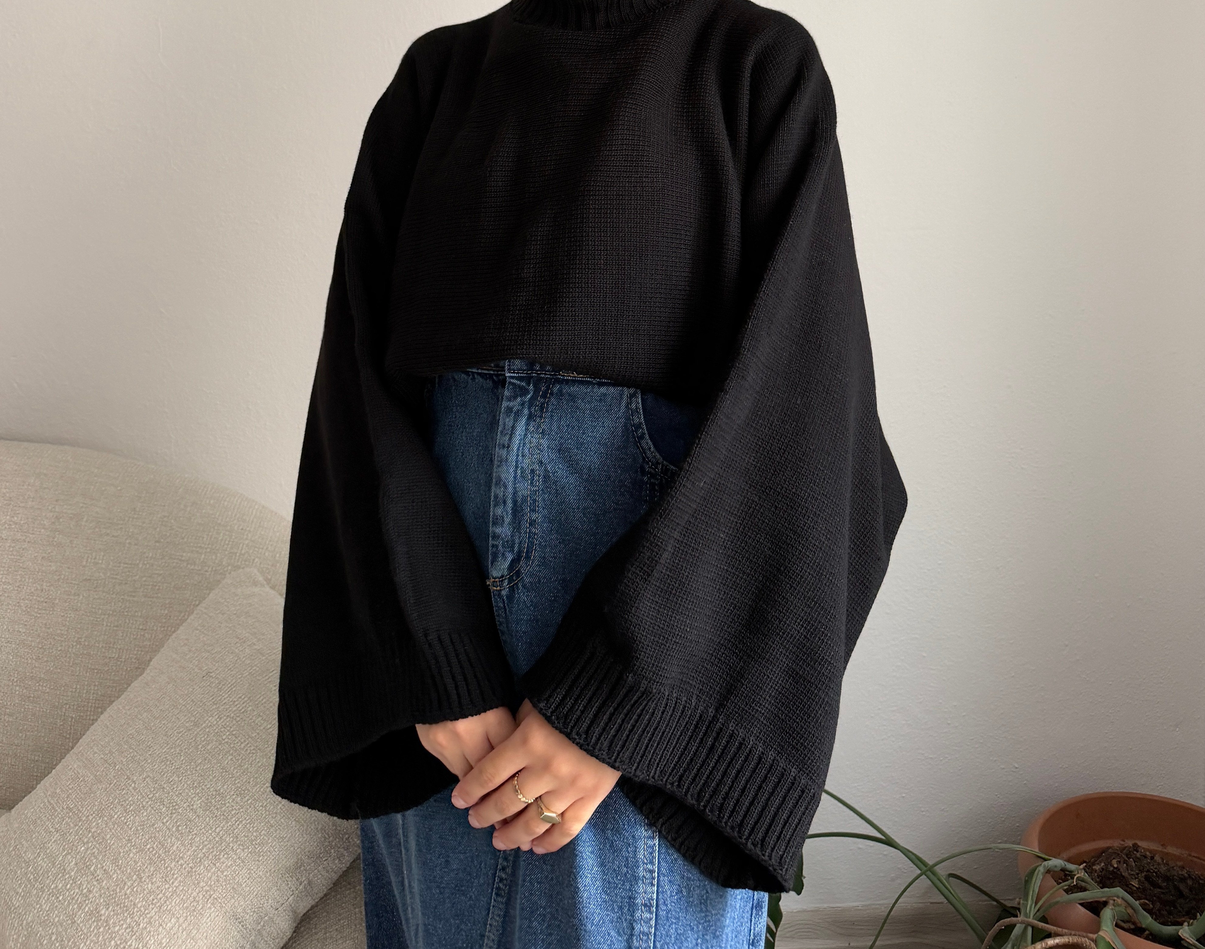 Siyah Geniş Kol Oversize Kazak