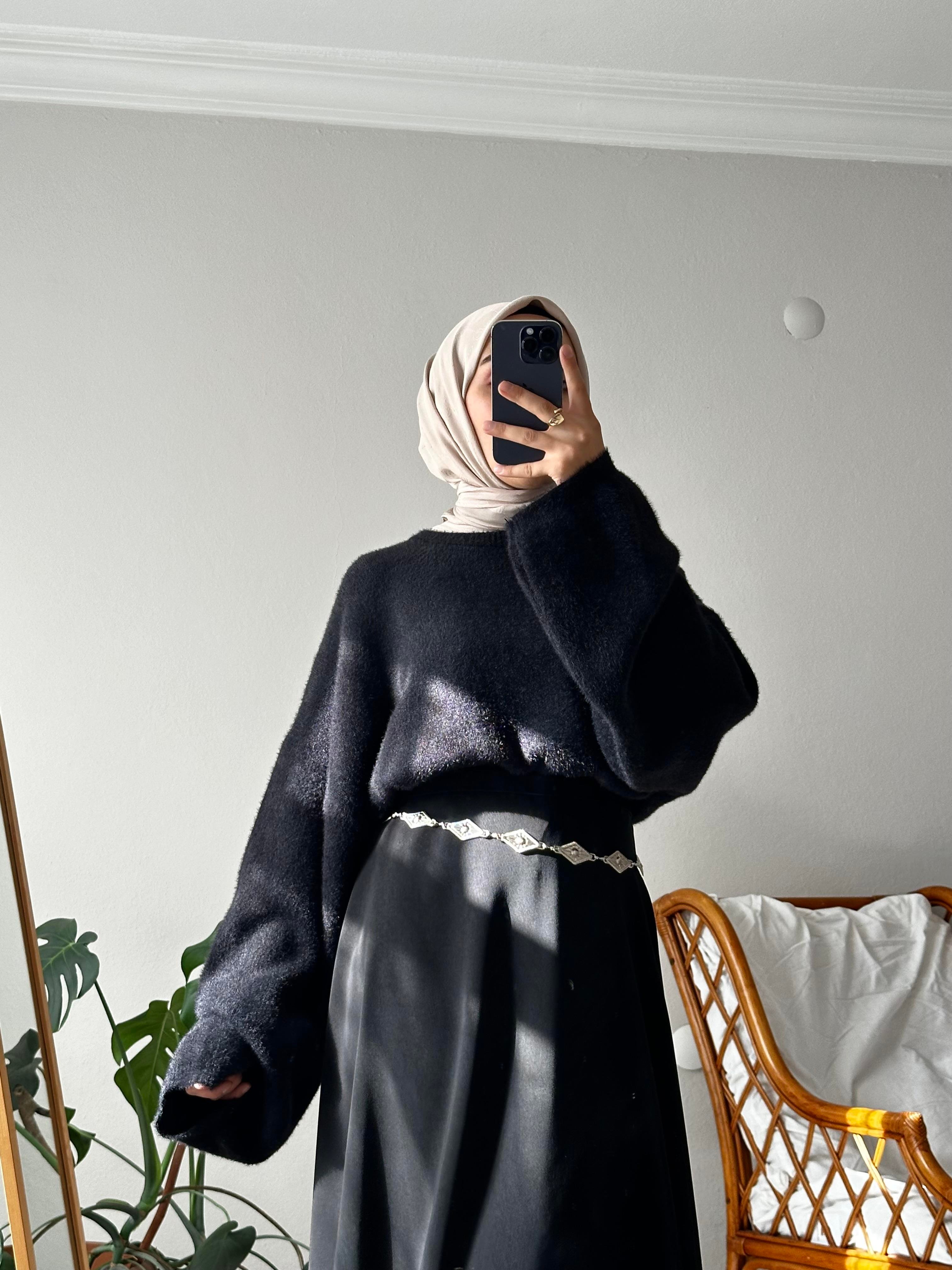 Siyah Peluş Oversize Kazak