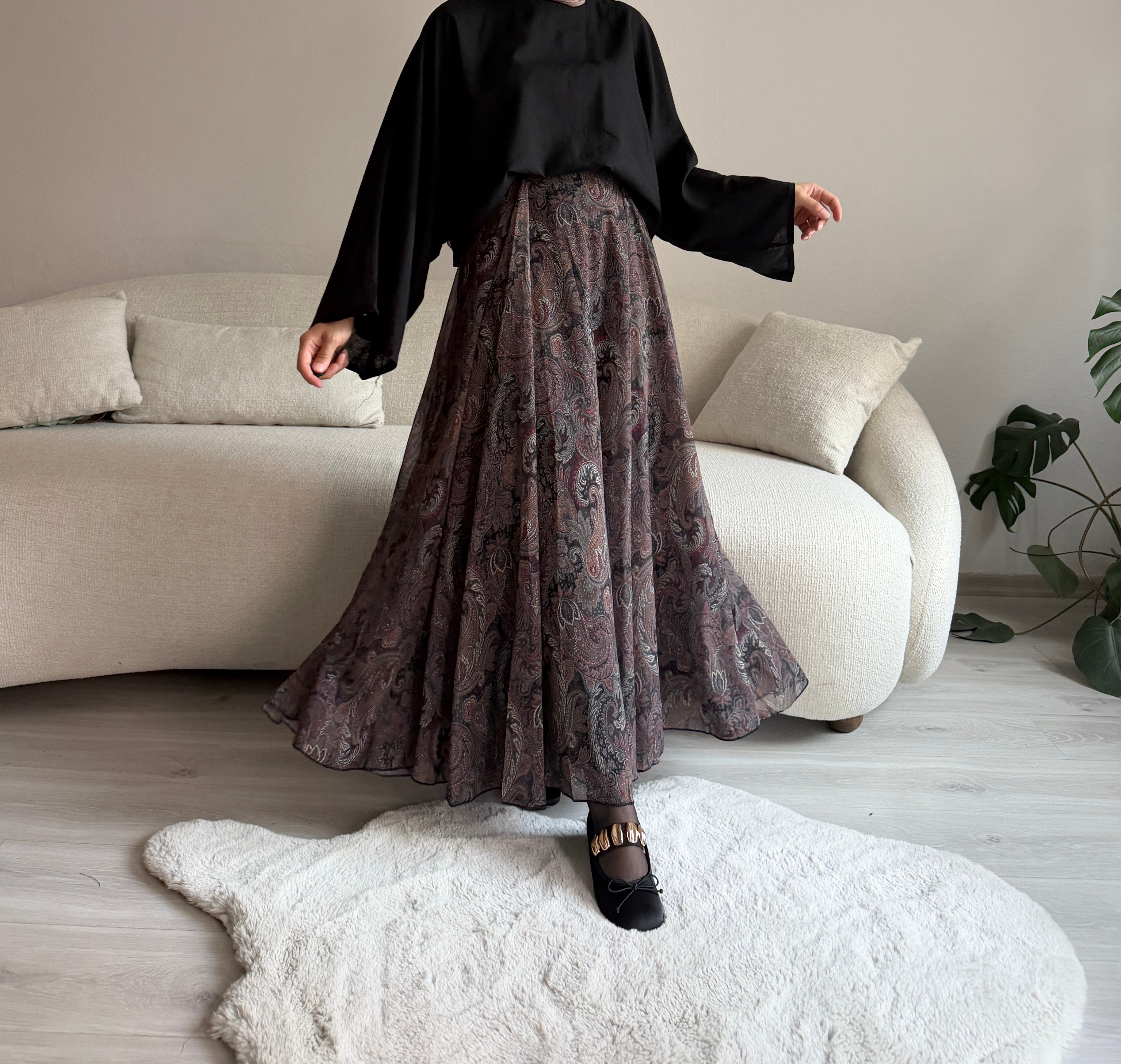 Siyah Şal Desen Şifon Etek