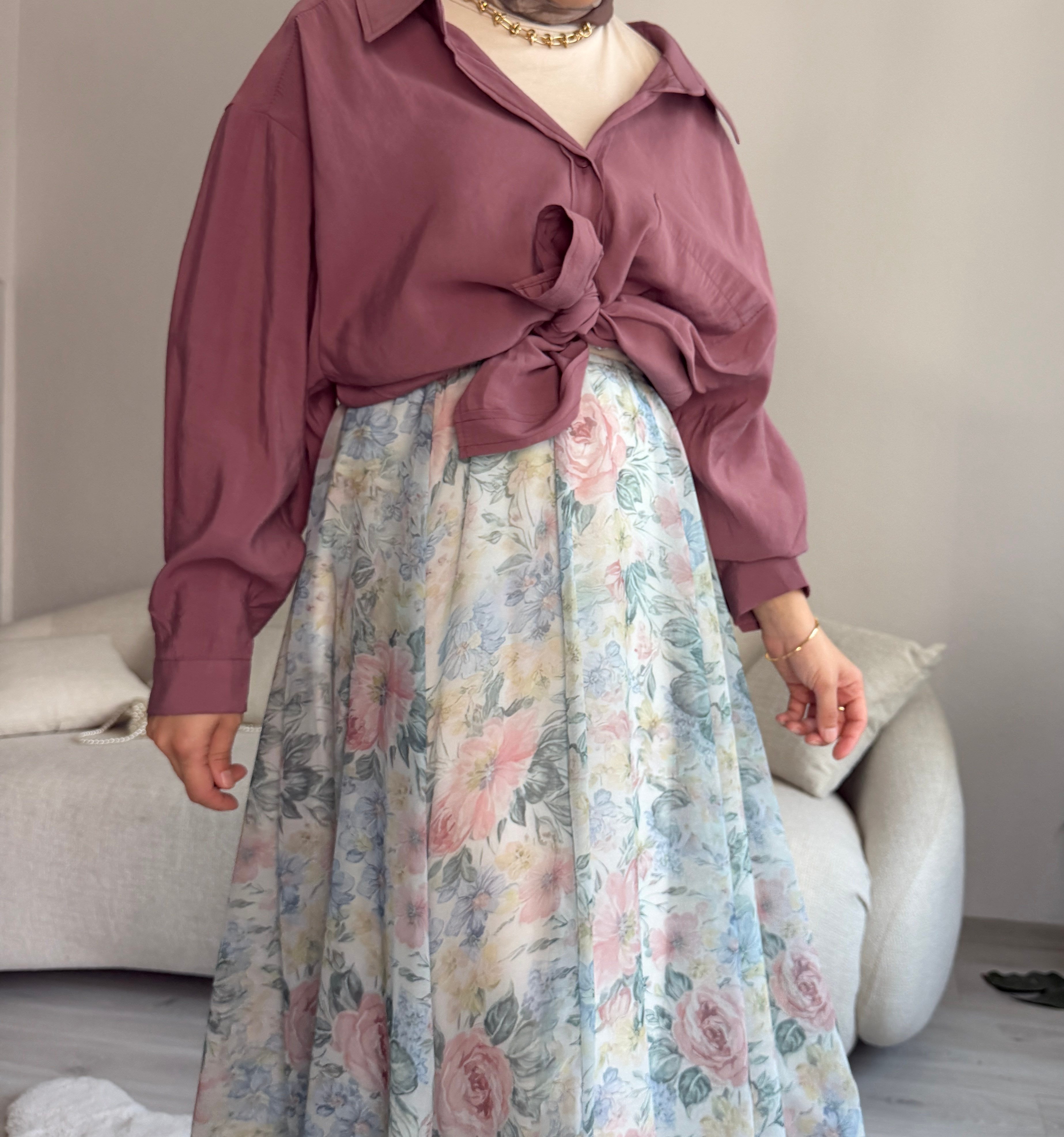Soft Çiçek Desenli Şifon Kloş Etek