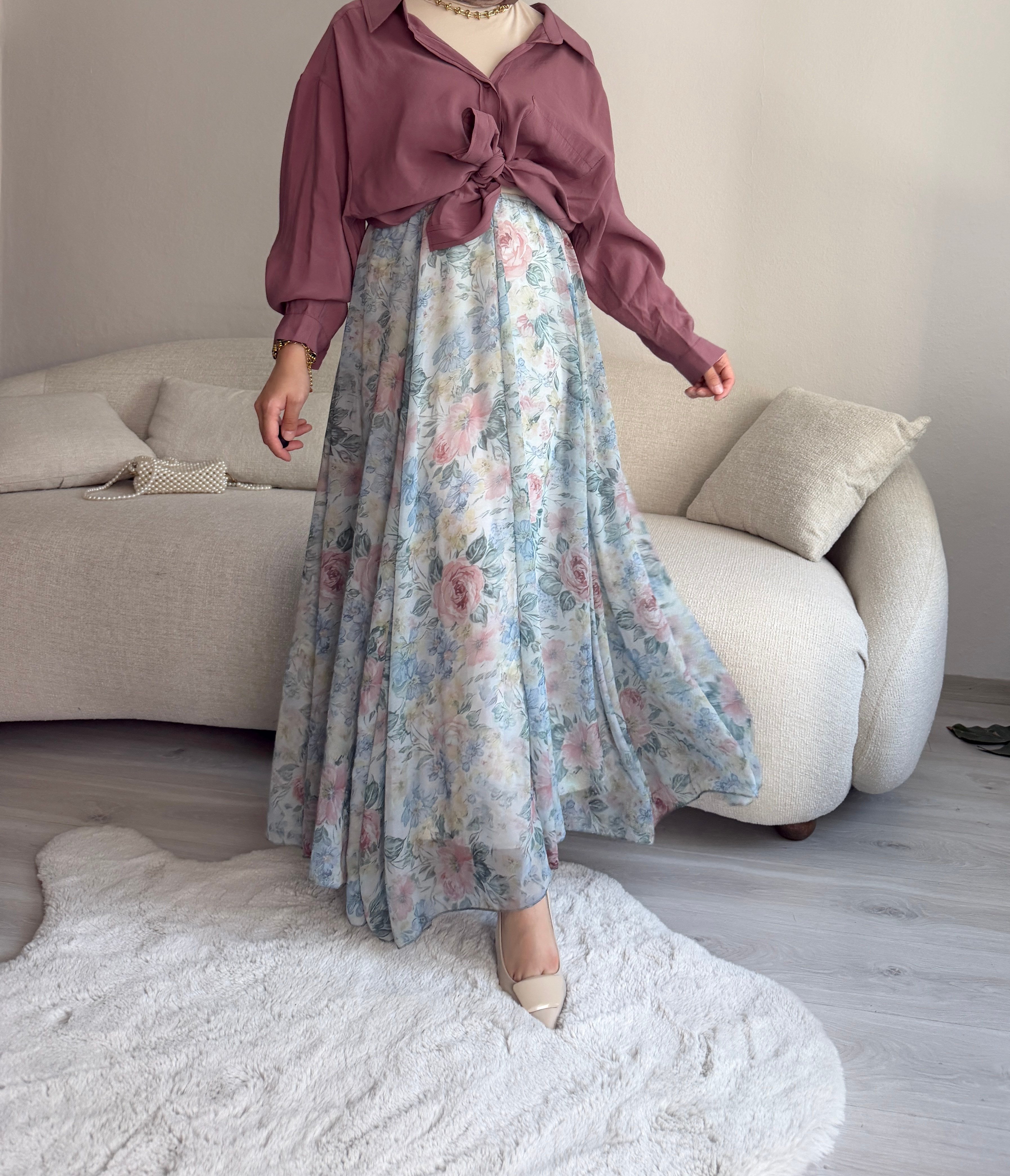Soft Çiçek Desenli Şifon Kloş Etek
