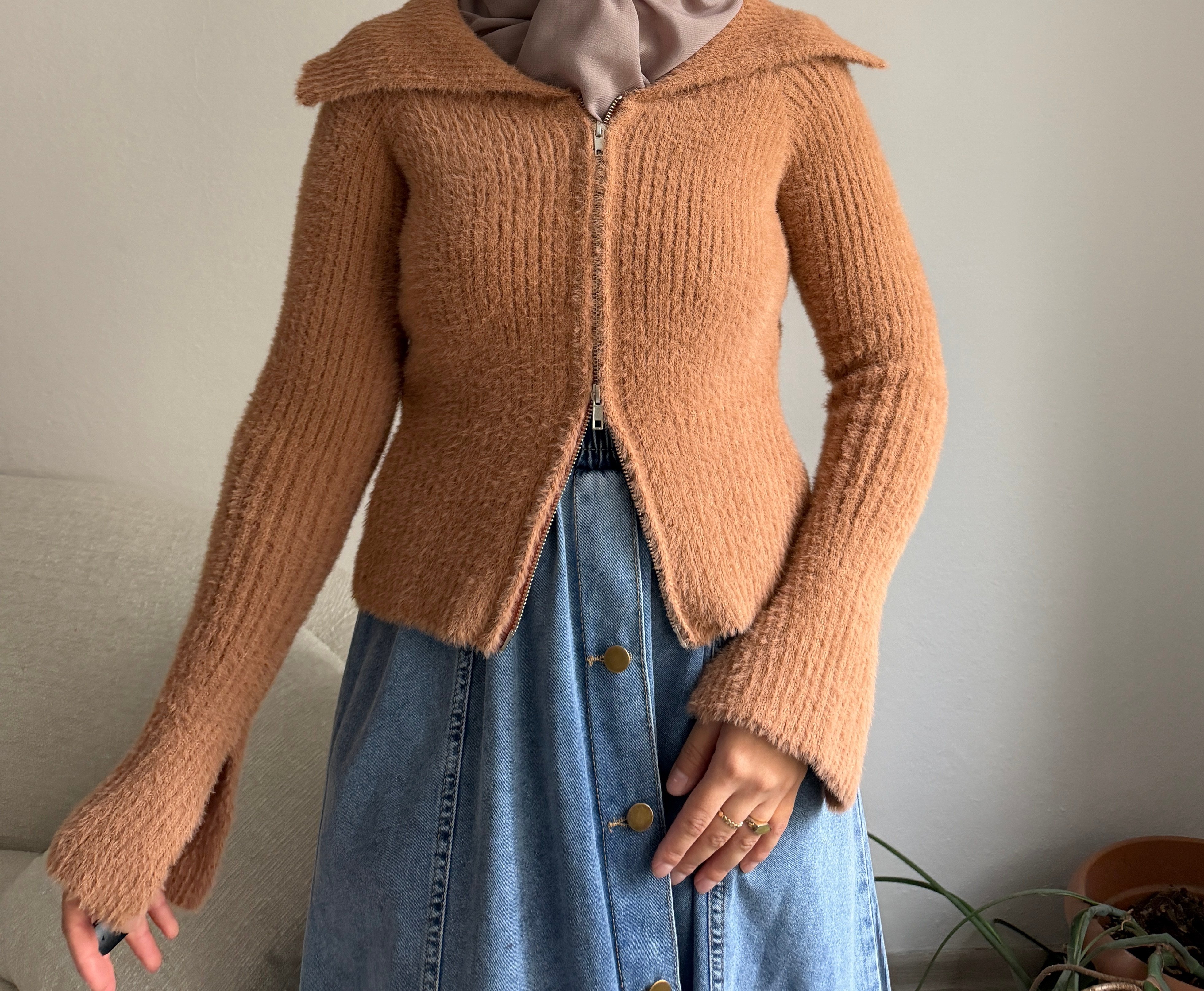 Taba Peluş Fermuarlı Hırka