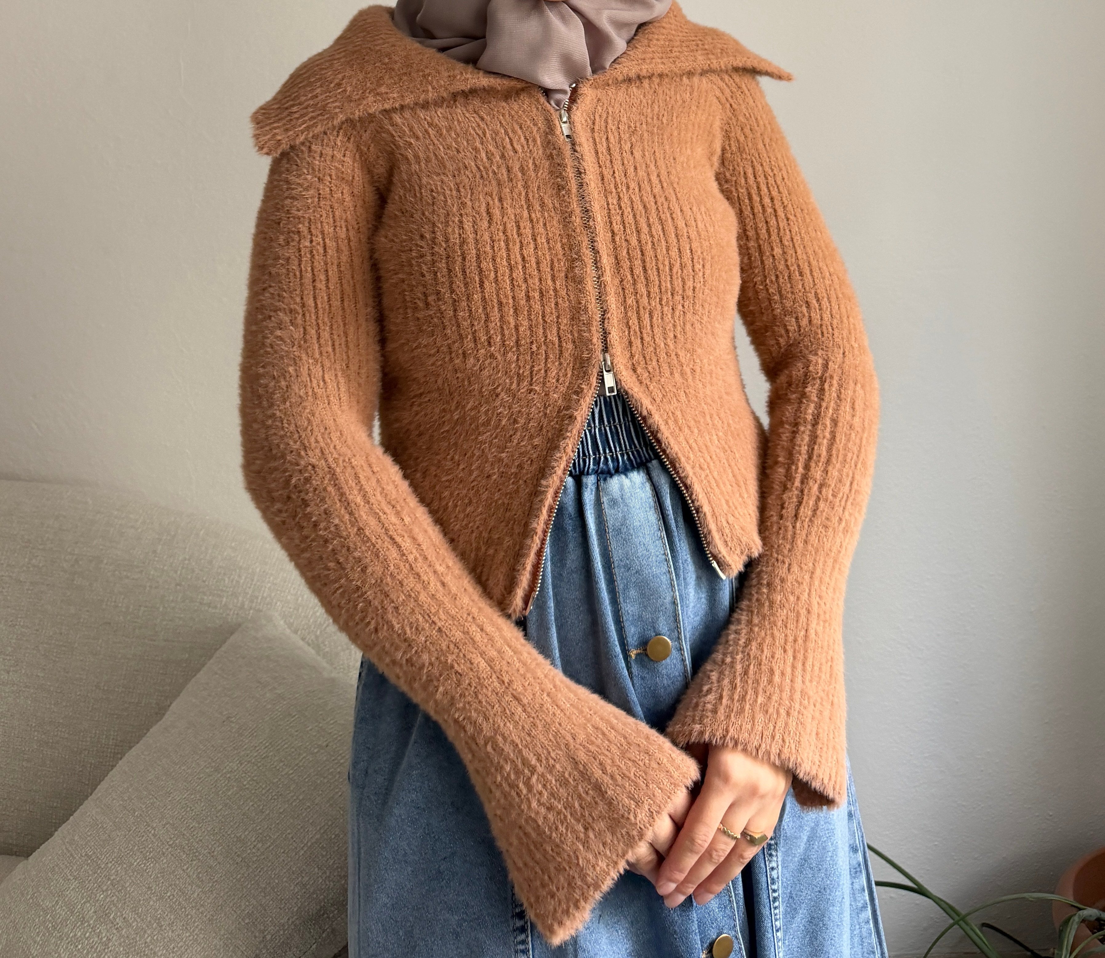 Taba Peluş Fermuarlı Hırka