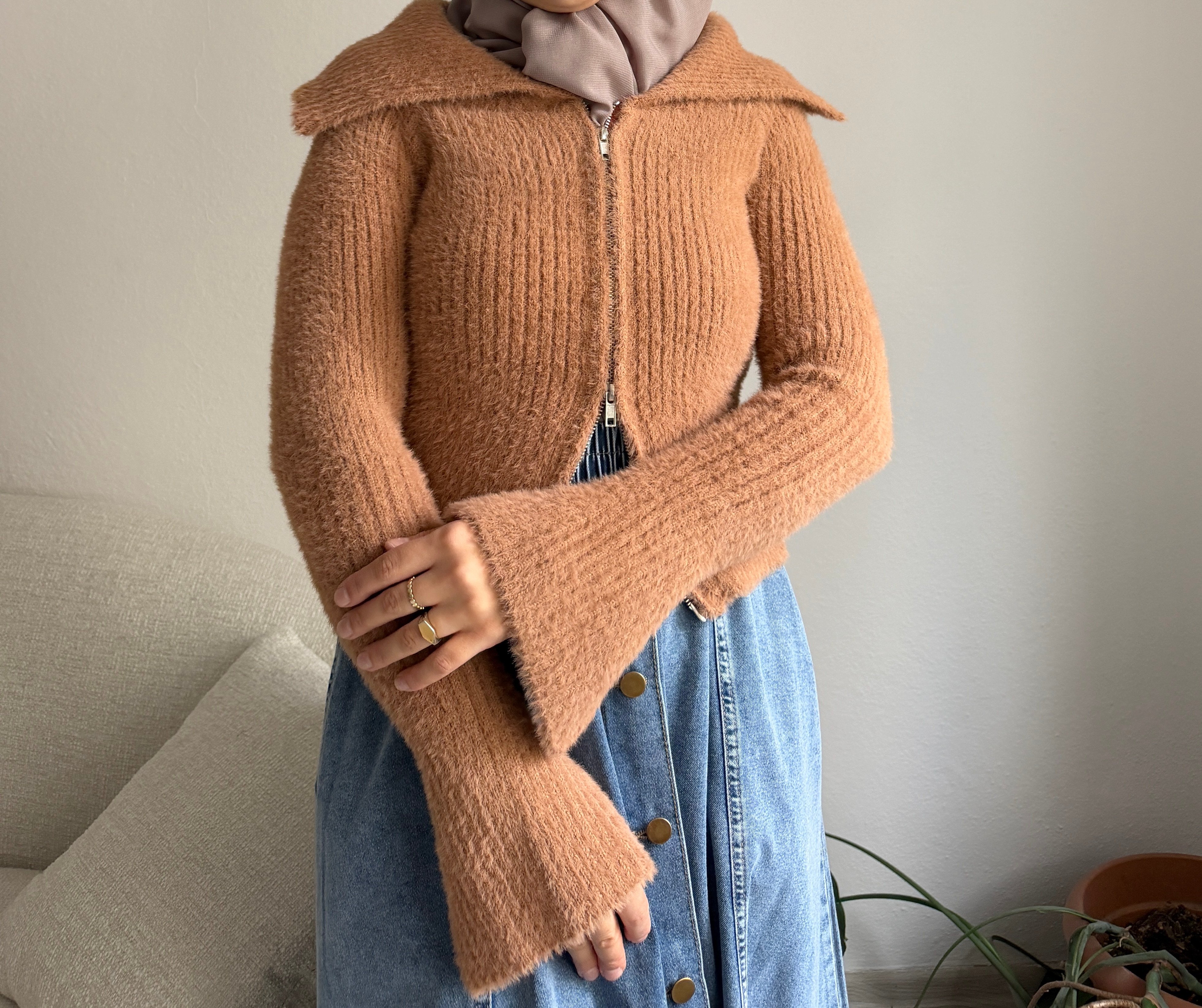 Taba Peluş Fermuarlı Hırka