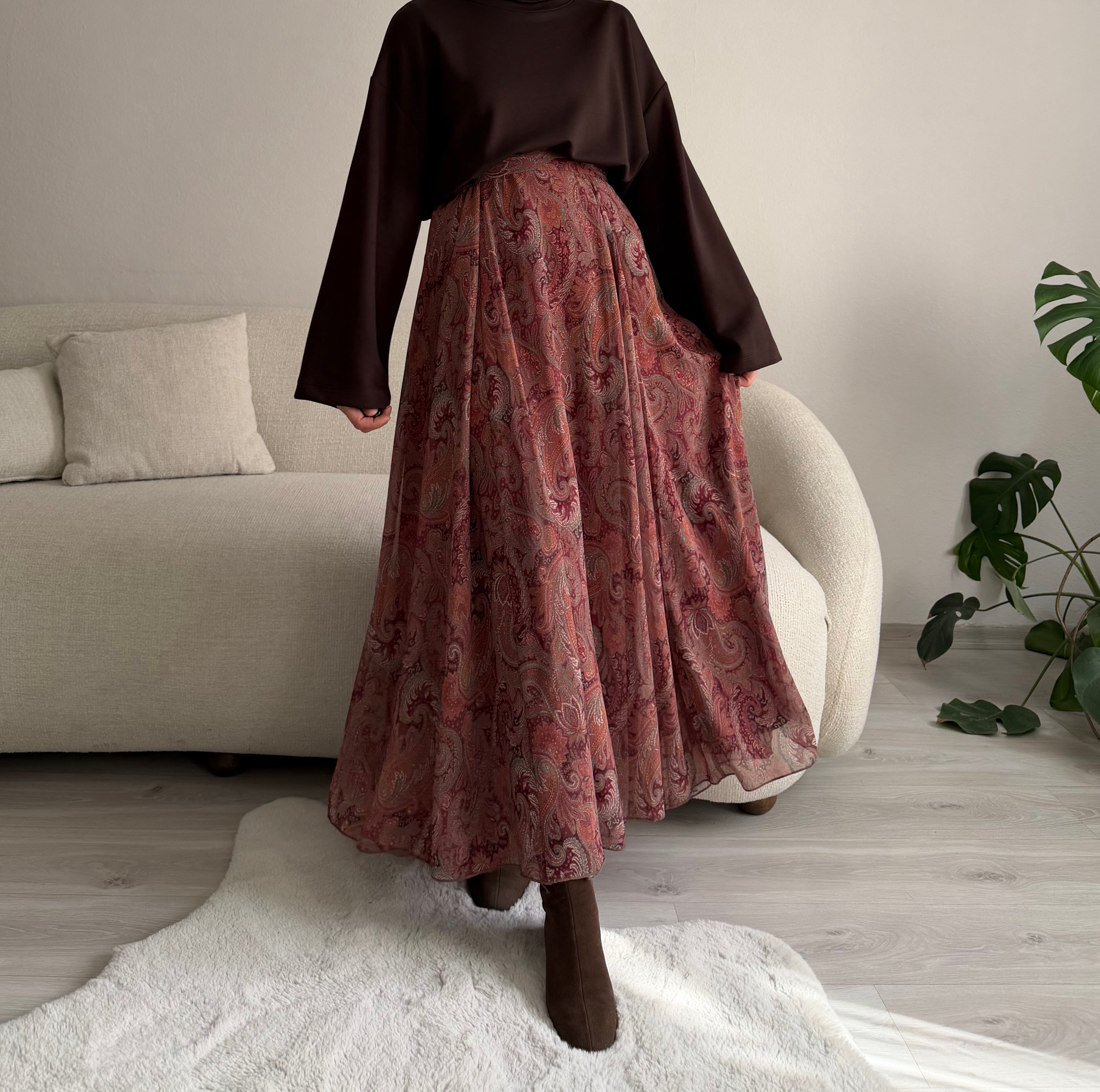 Tarçın Şal Desen Şifon Kloş