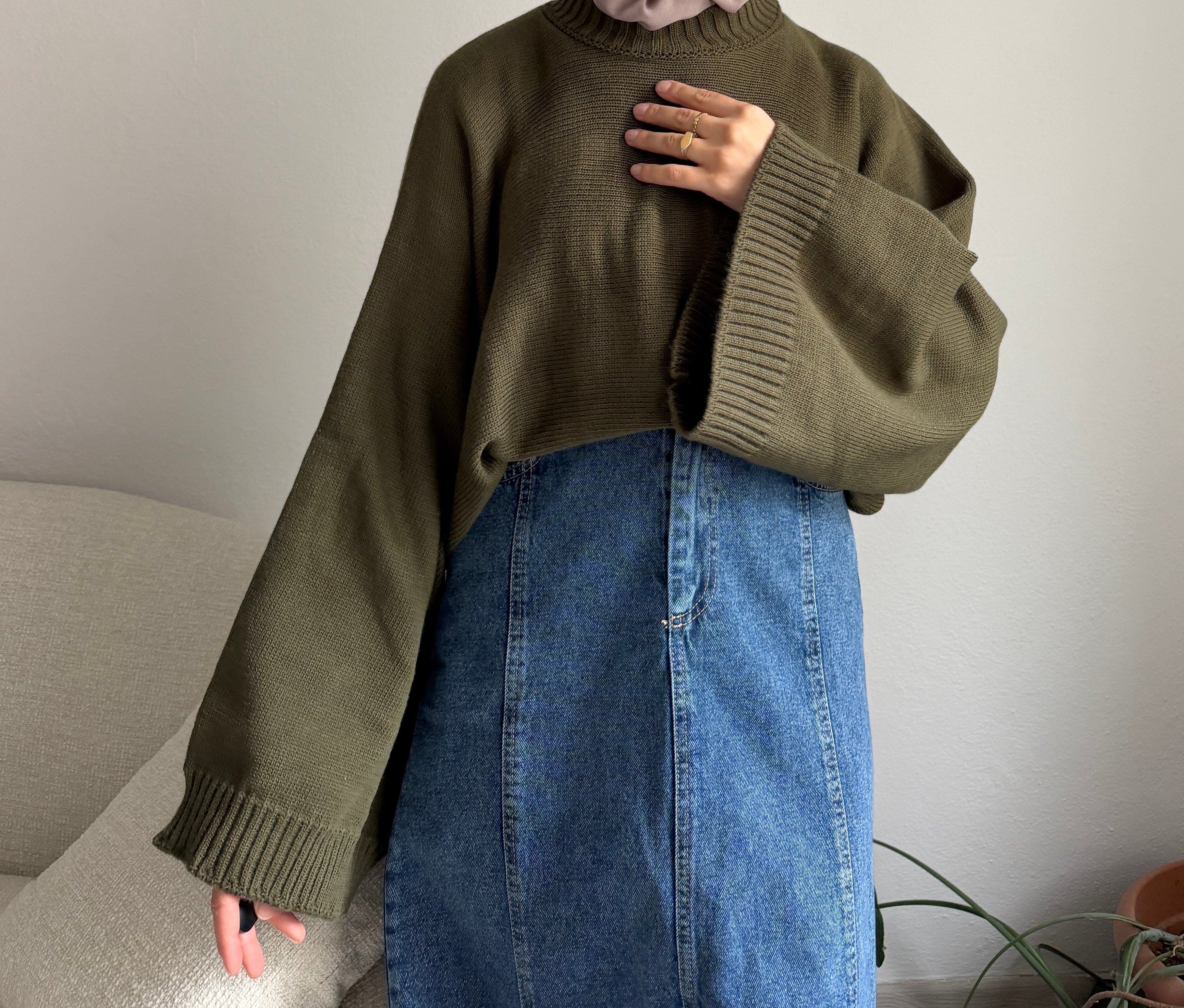 Yeşil Geniş Kol Oversize Kazak