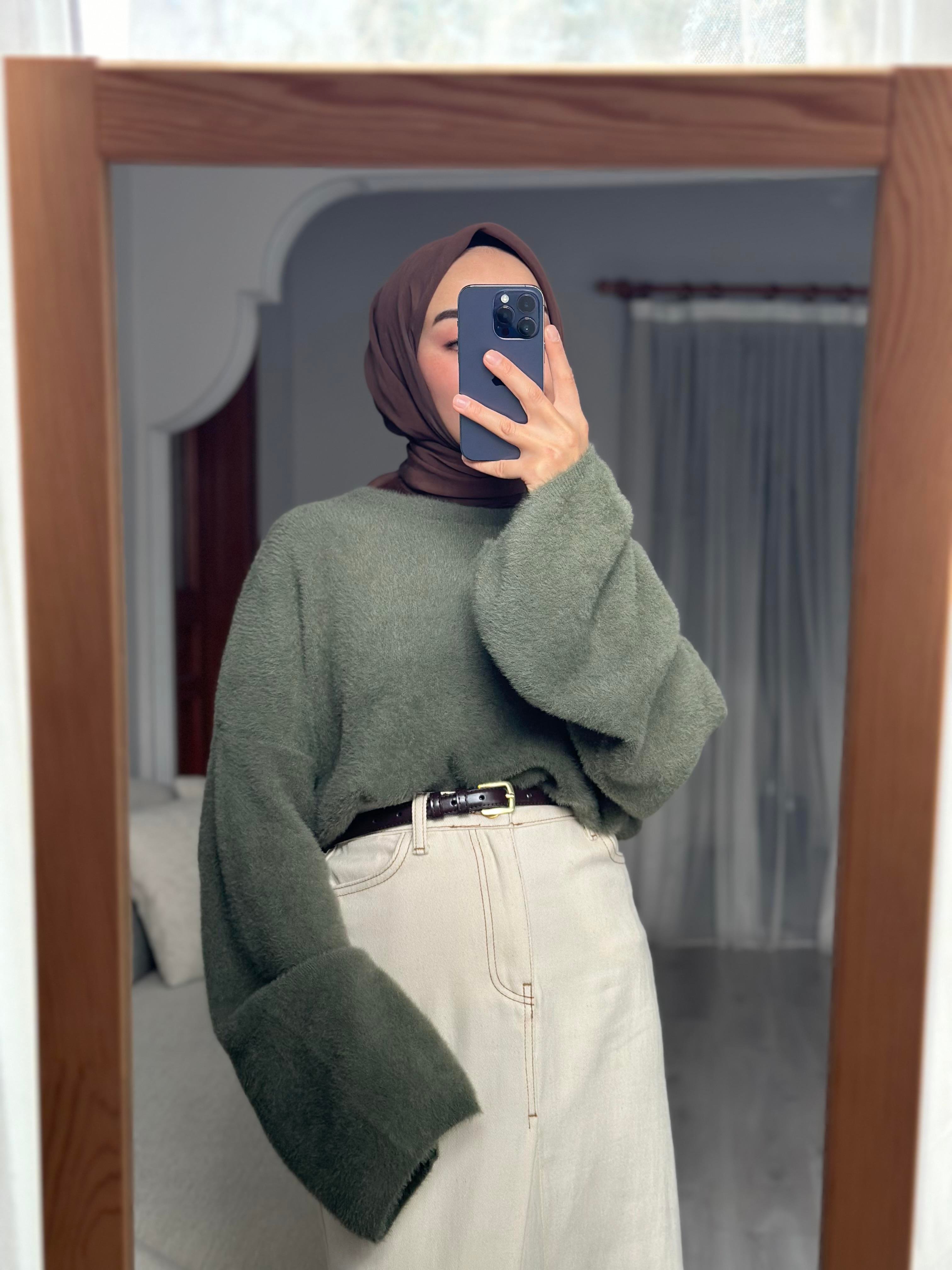 Yeşil Peluş Oversize Kazak