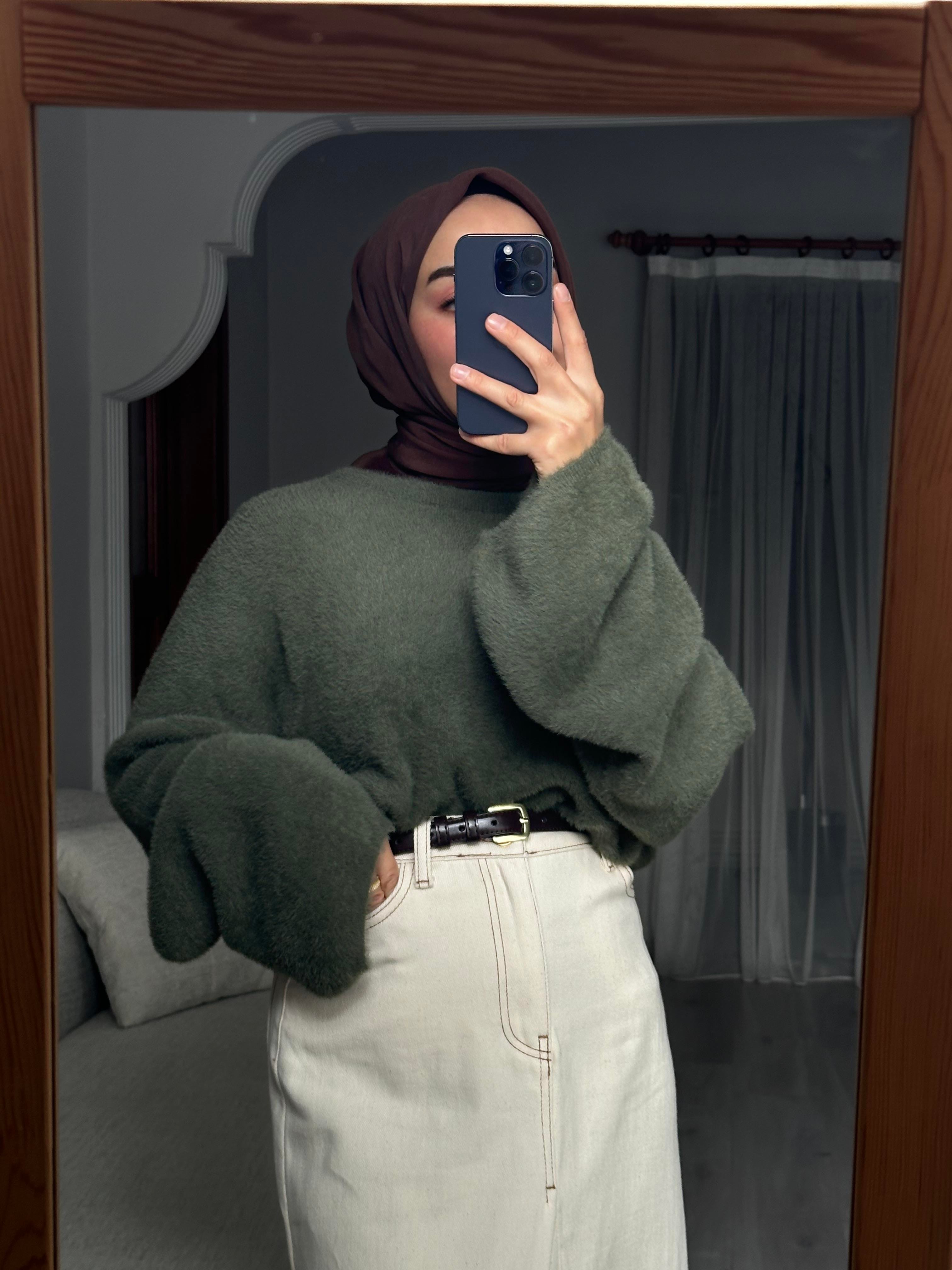 Yeşil Peluş Oversize Kazak