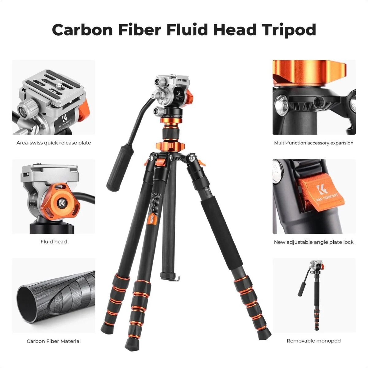 K&F Concept O255C4+FH-03 Carbon Fiber Video Tripod