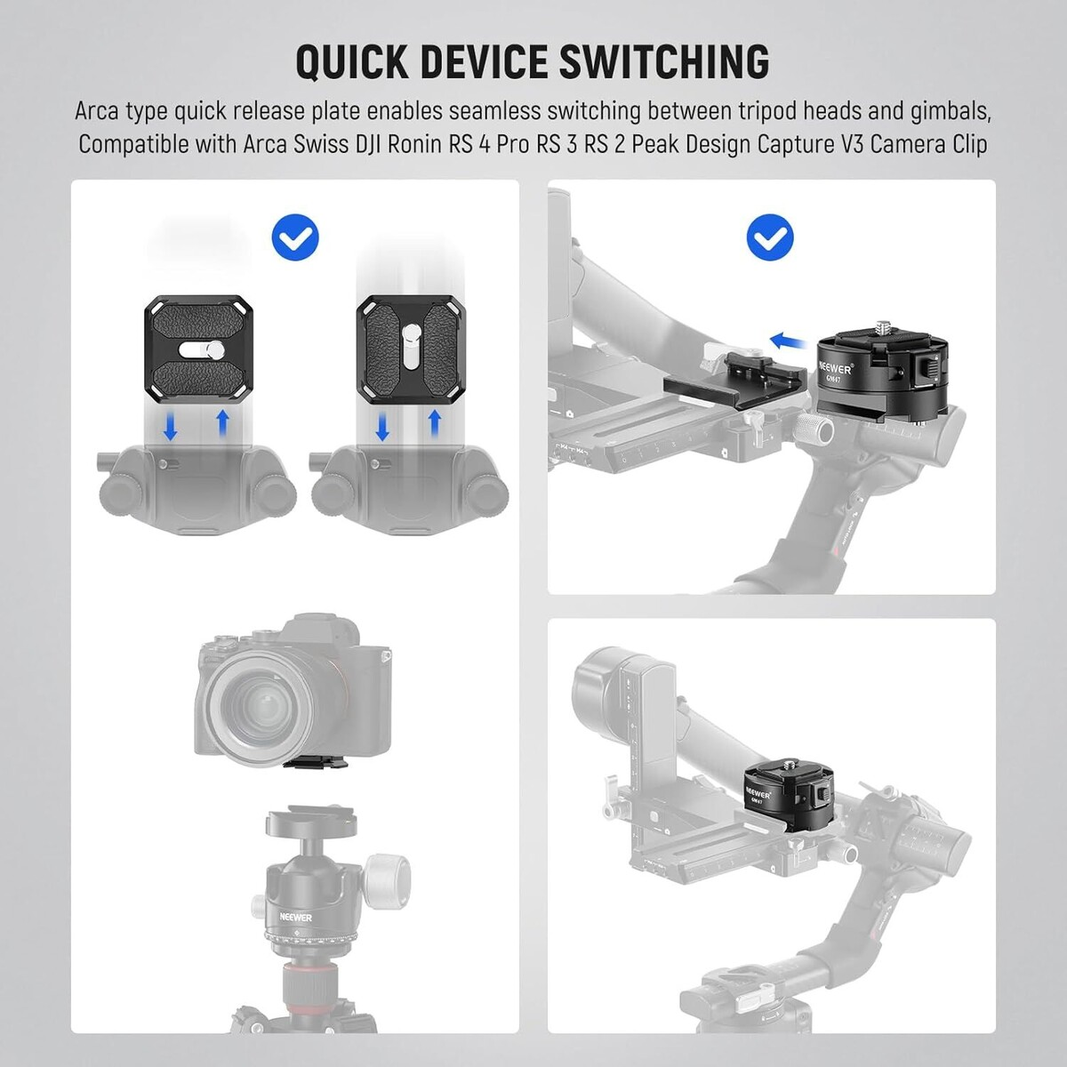 NEEWER GM47 Kamera Quick Release Plate Kiti (Ronin RS & PD Capture Uyumlu, Otomatik Kilit)