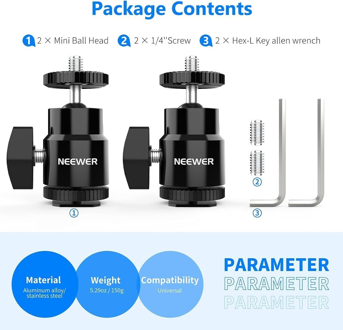 NEEWER ST17 1/4 Kamera Hot Shoe Adaptörü (Mini Bilyeli Başlık) - 2'li Paket