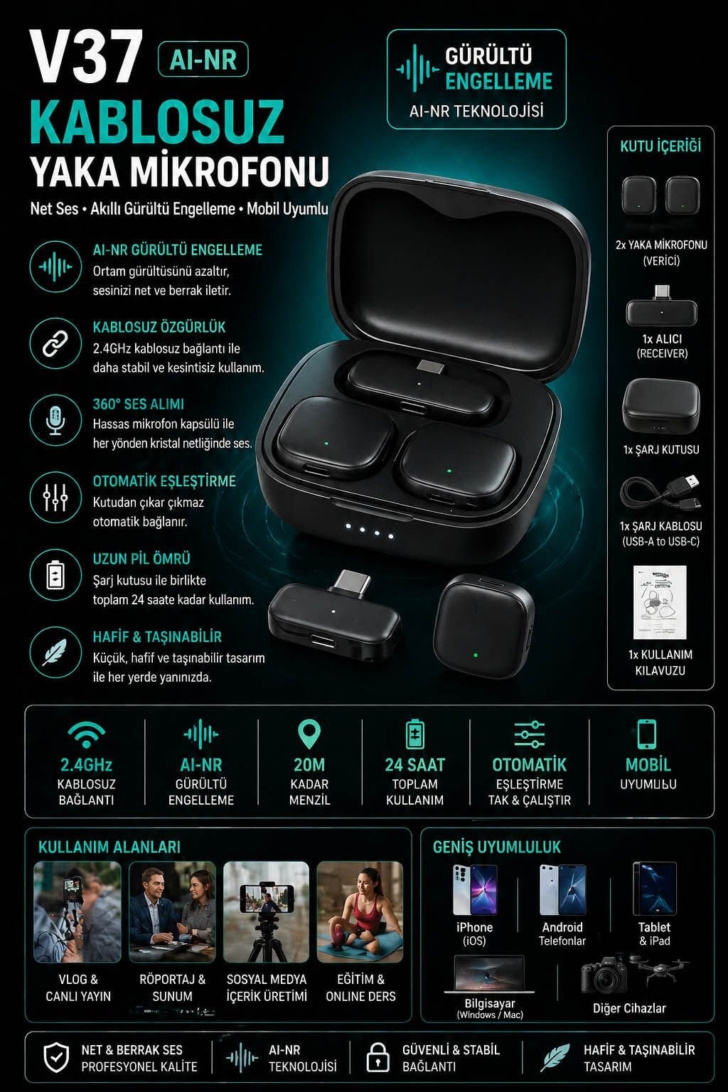 PDX Kablosuz Yaka Mikrofonu V37 | Gürültü Engelleme | Telefon Uyumlu