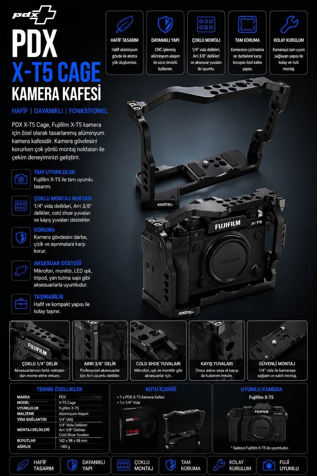 PDX Kamera Kafesi Fujifilm X-T5 | Hafif | Dayanıklı Cage