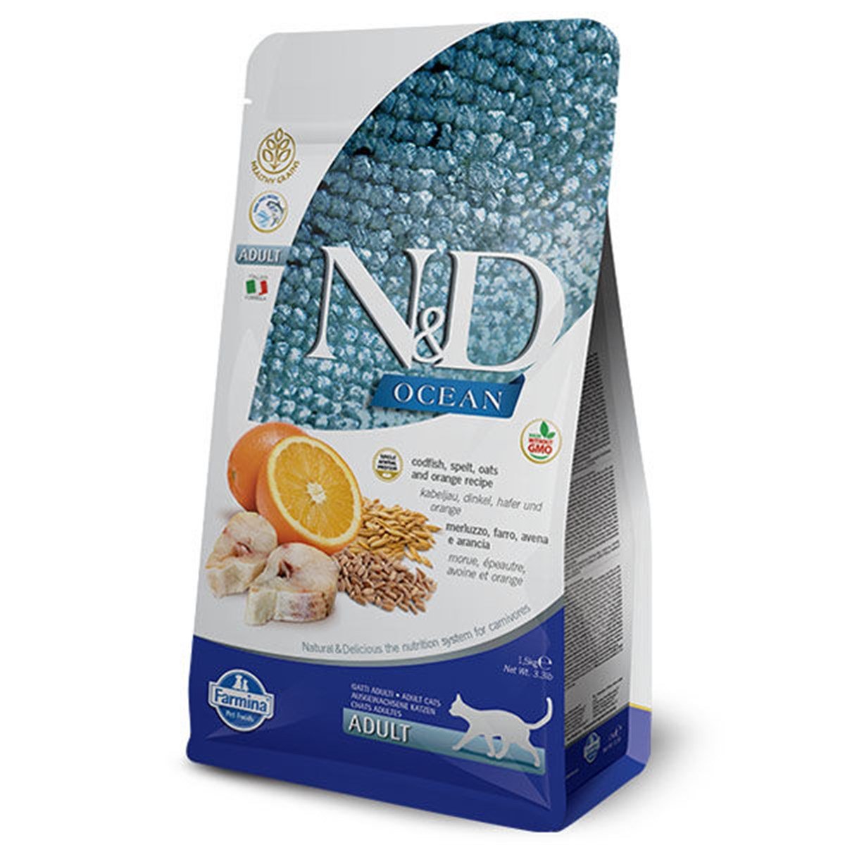 ND Ocean Düşük Tahıllı Balıklı ve Portakallı Yetişkin Kedi Maması 1,5 Kg