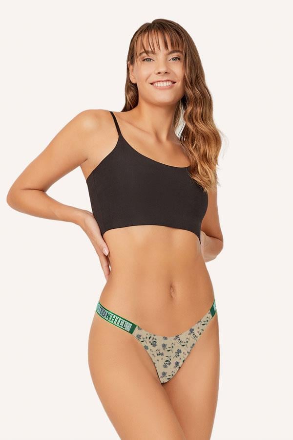 Cream Color Flower Patterned Laser Cut Women Thong CH6104