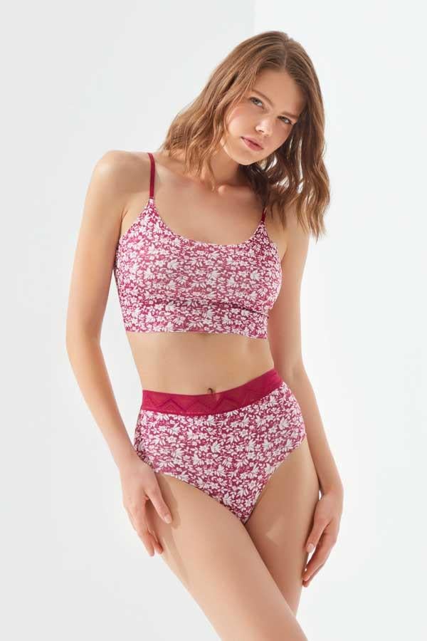 Red & White Flower Patterned High Waisted Laser Cut Seamless Bikini Cut Women Panty CH6101