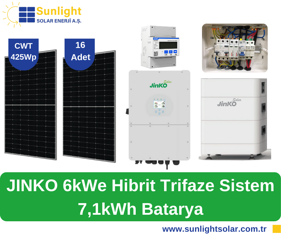 Sunlight 16 Panelli (425Wp), Jinko 6kWe Hibrit Trifaze Sistem-7,1kWh Batarya (Öztüketim)
