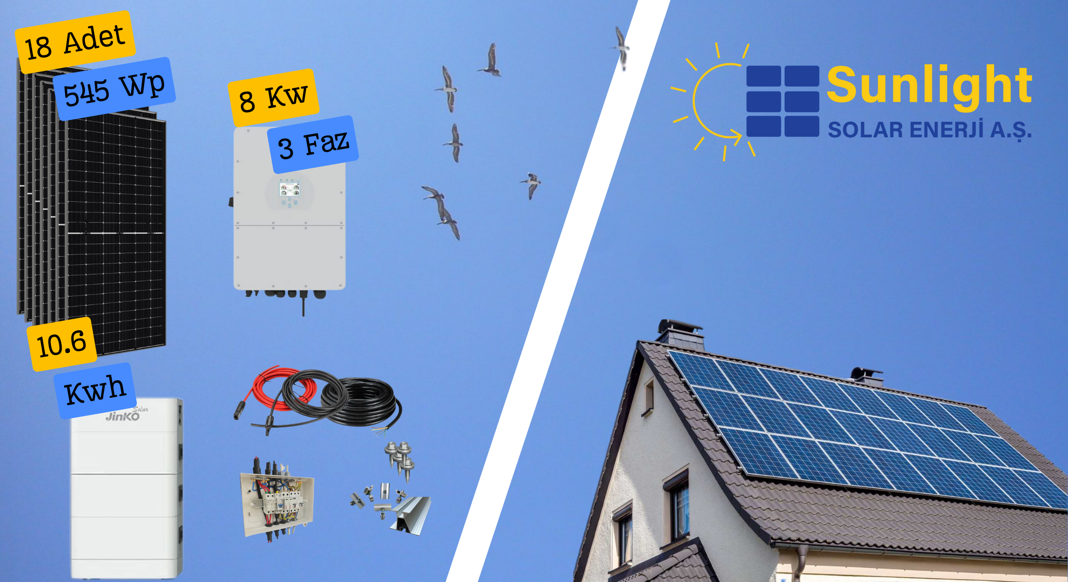 Sunlight 18 Panelli (545Wp), Jinko 8kWe - 10,6kWh Hibrit Trifaze Sistem (Öztüketim)Jinko Hibrit Solar PaketlerSunlight Solar{TEDARIKCI