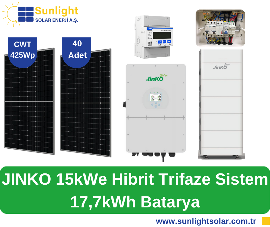 Sunlight 40 Panelli (425Wp), Jinko 15kWe Hibrit Trifaze Sistem-17,7kWh Batarya (Öztüketim)