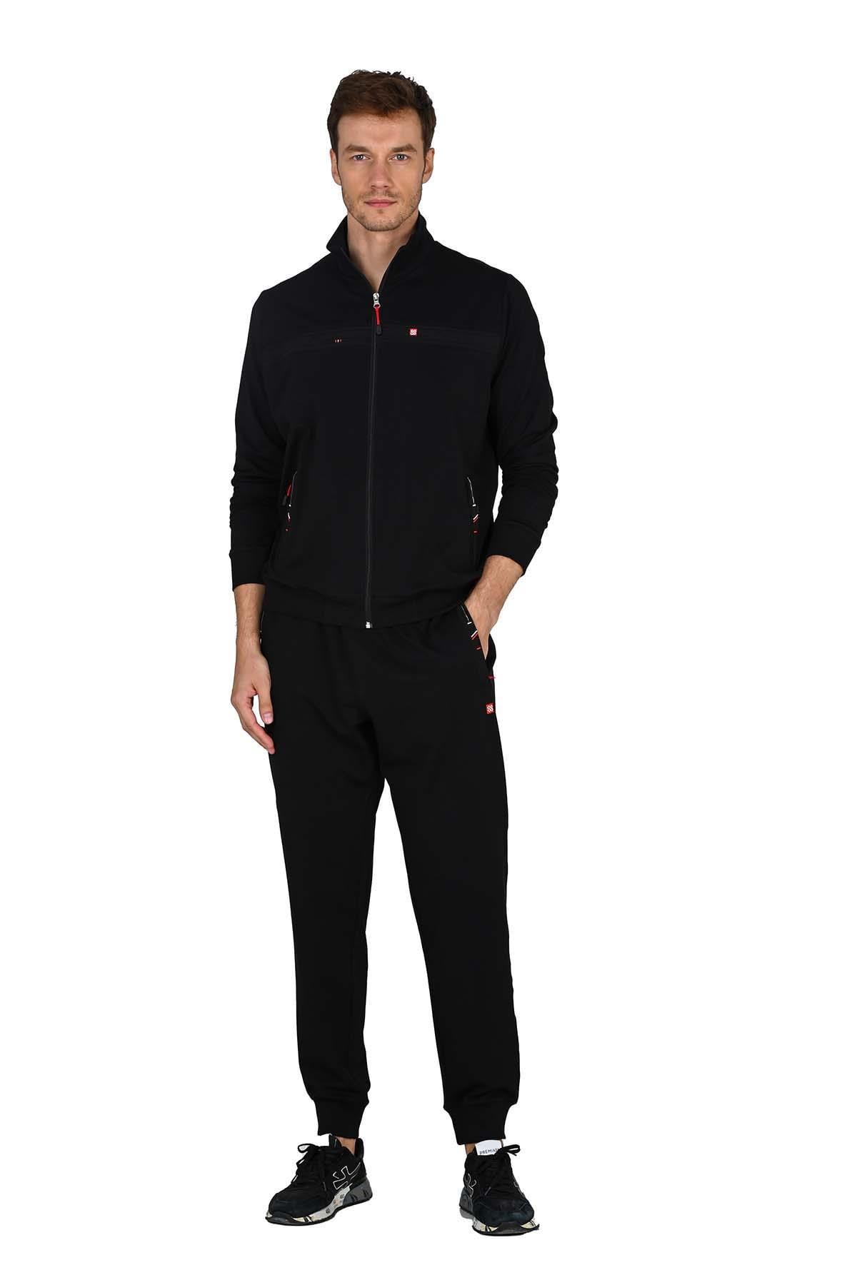 Erkek Fermuarlı İki İplik Siyah Eşofman Takımı 15220