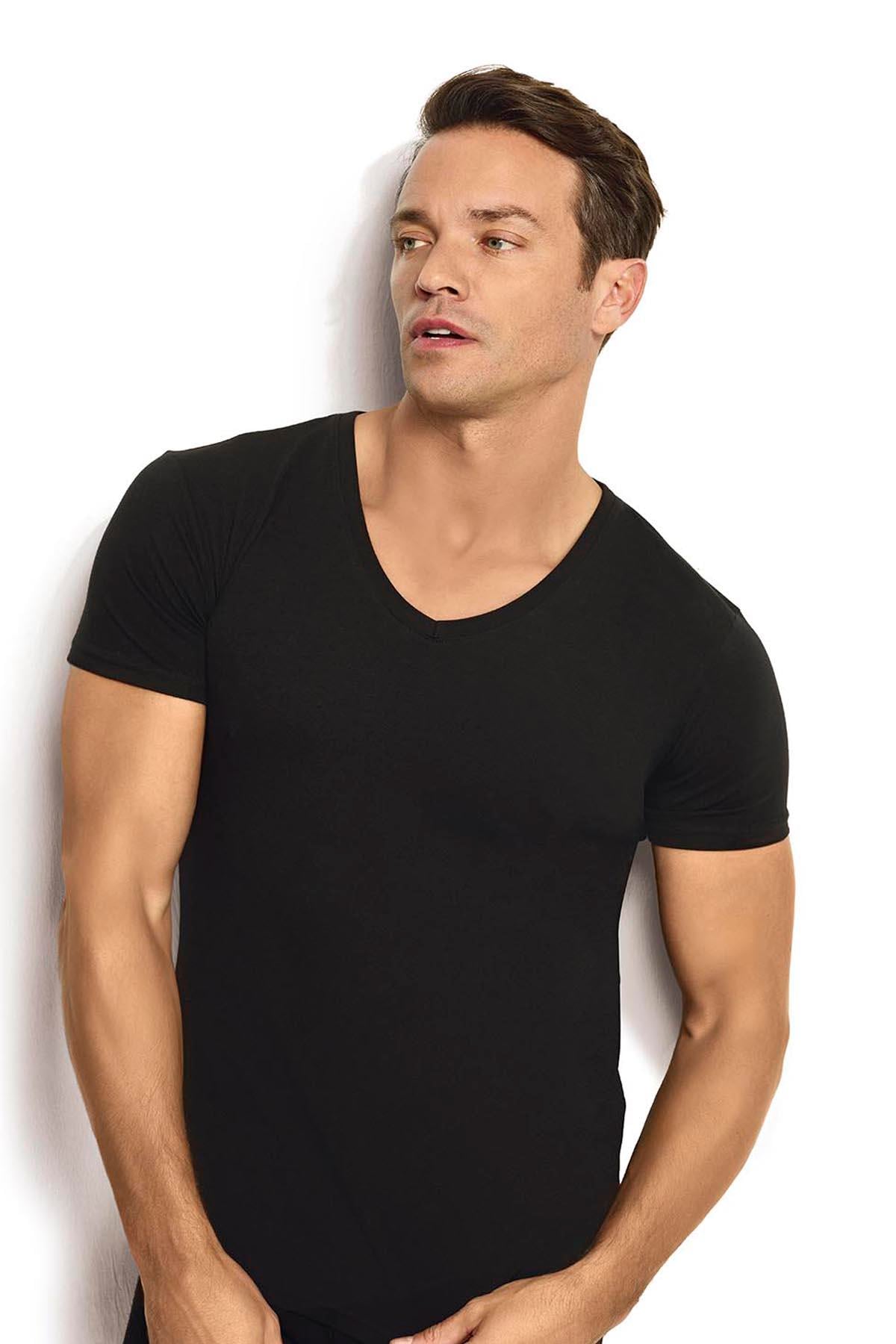 Erkek Siyah Modal Pamuklu V Yaka 2 Li Atlet 253