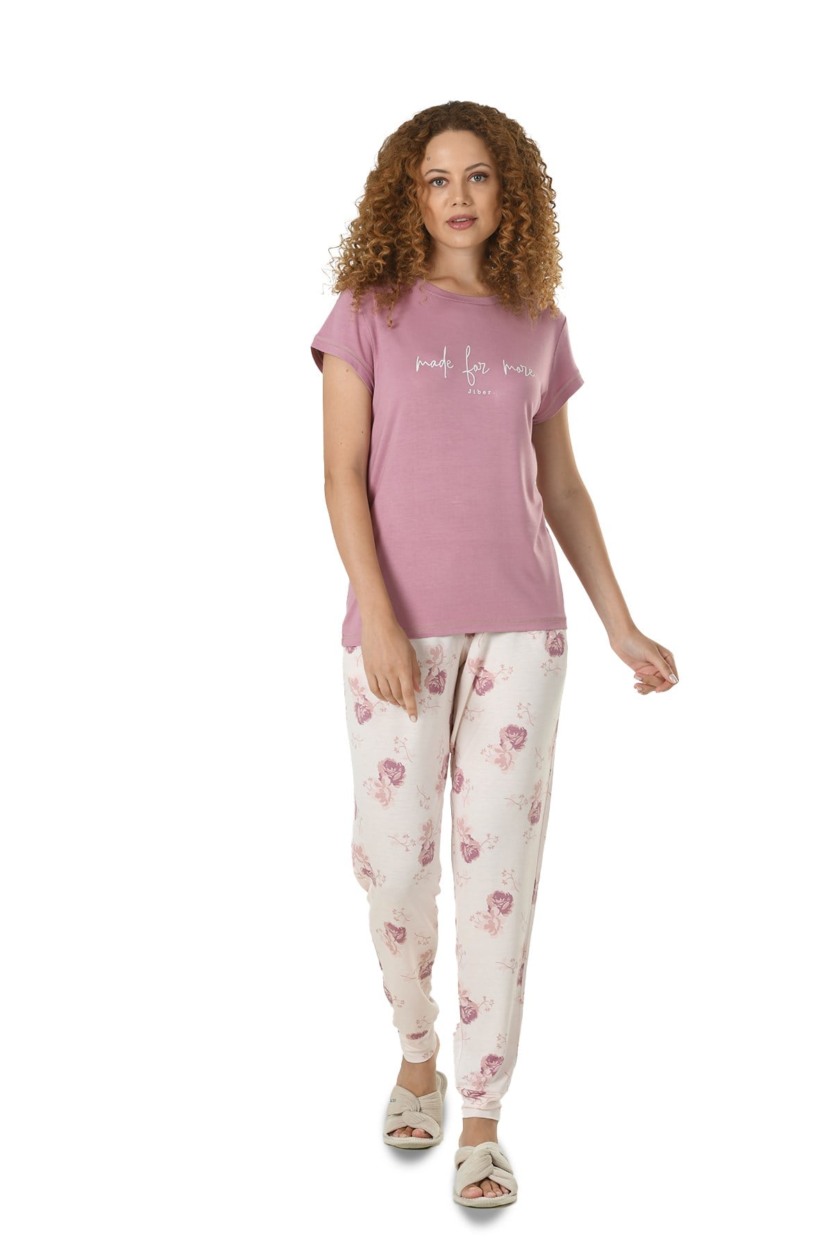 Kadın Gül Kurusu Baskılı Yarım Kol Viskon Pijama Takımı 10121