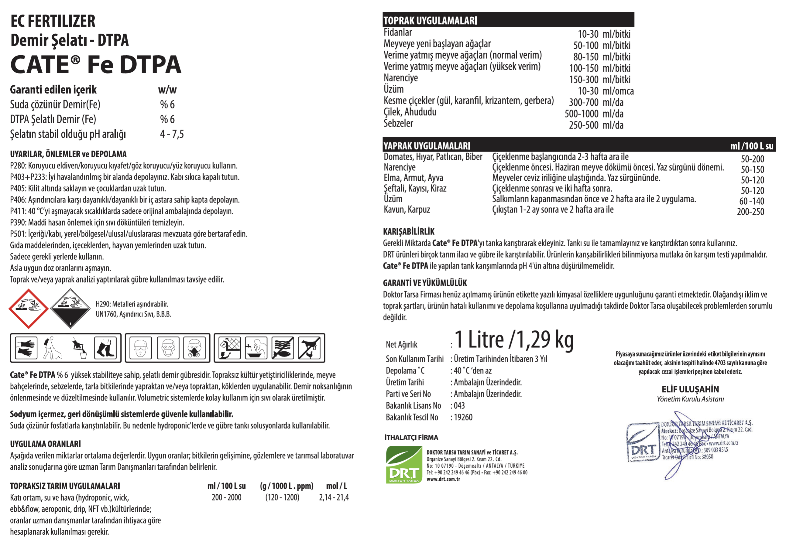 DRT CATE FeDTPA DTPA ŞELATLI SIVI DEMİR %6 1.29 kg