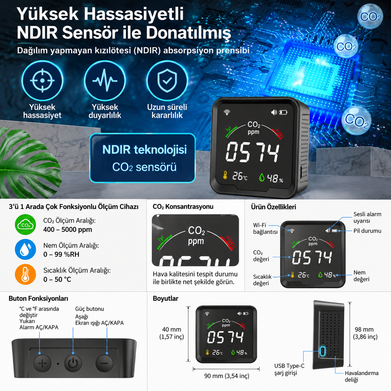 SICAKLIK-NEM-KARBONDİOKSİT ÖLÇER WIFI TUYA