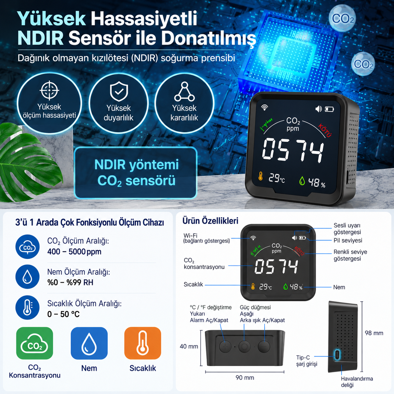 SICAKLIK-NEM-KARBONDİOKSİT ÖLÇER WIFI TUYA