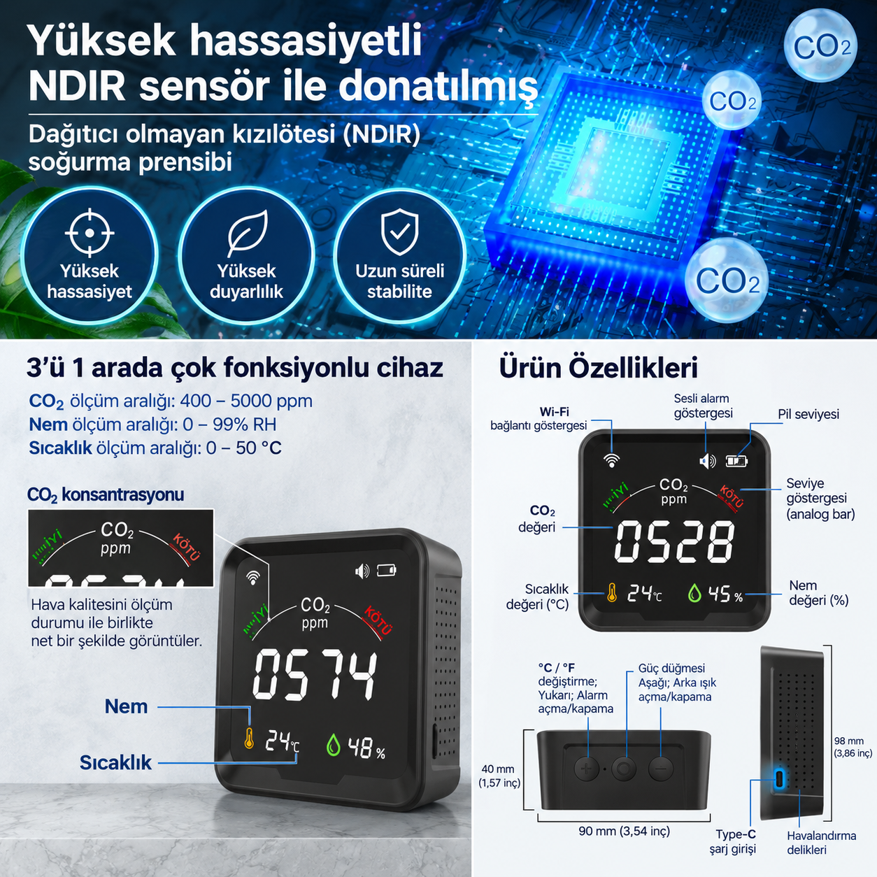 SICAKLIK-NEM-KARBONDİOKSİT ÖLÇER WIFI TUYA