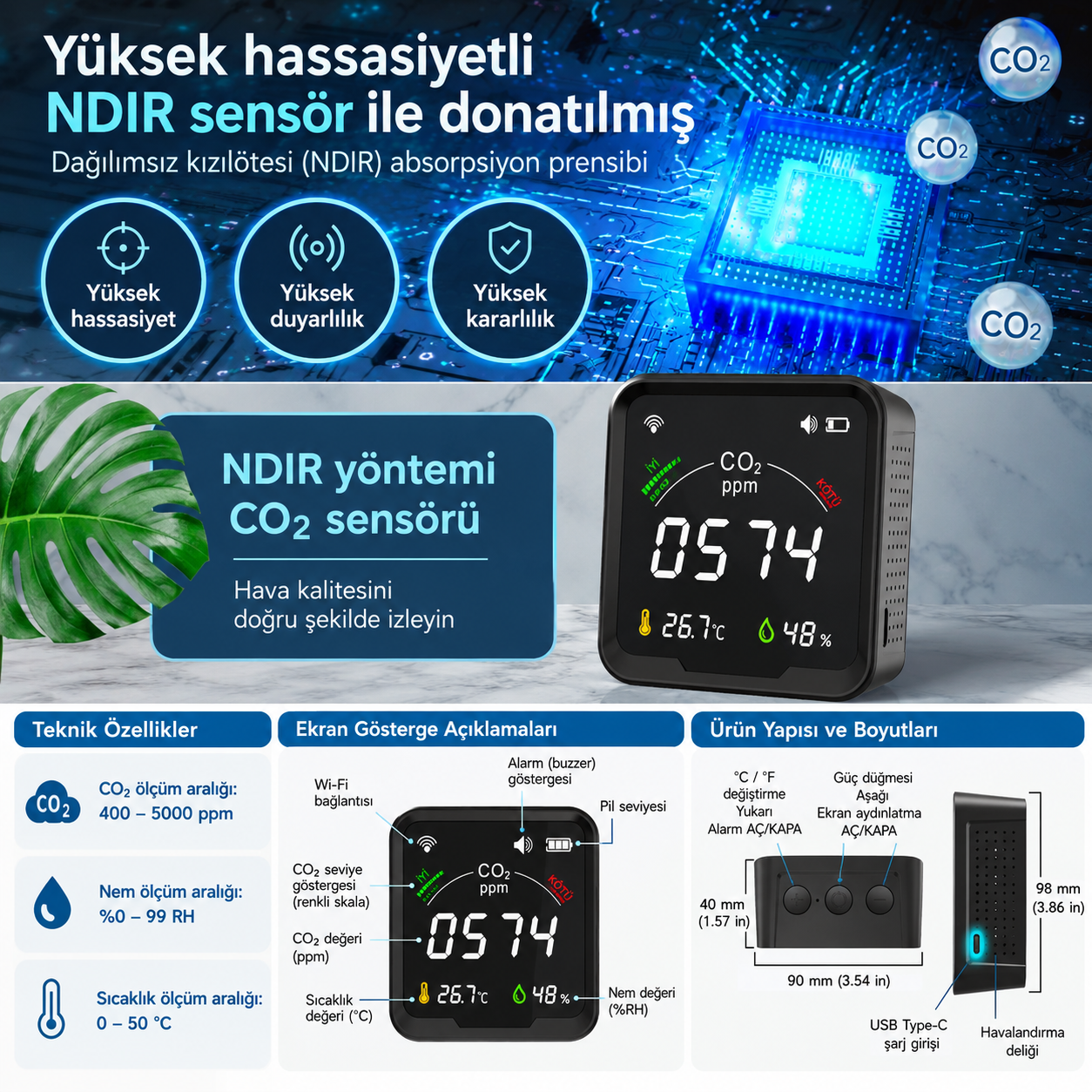 SICAKLIK-NEM-KARBONDİOKSİT ÖLÇER WIFI TUYA