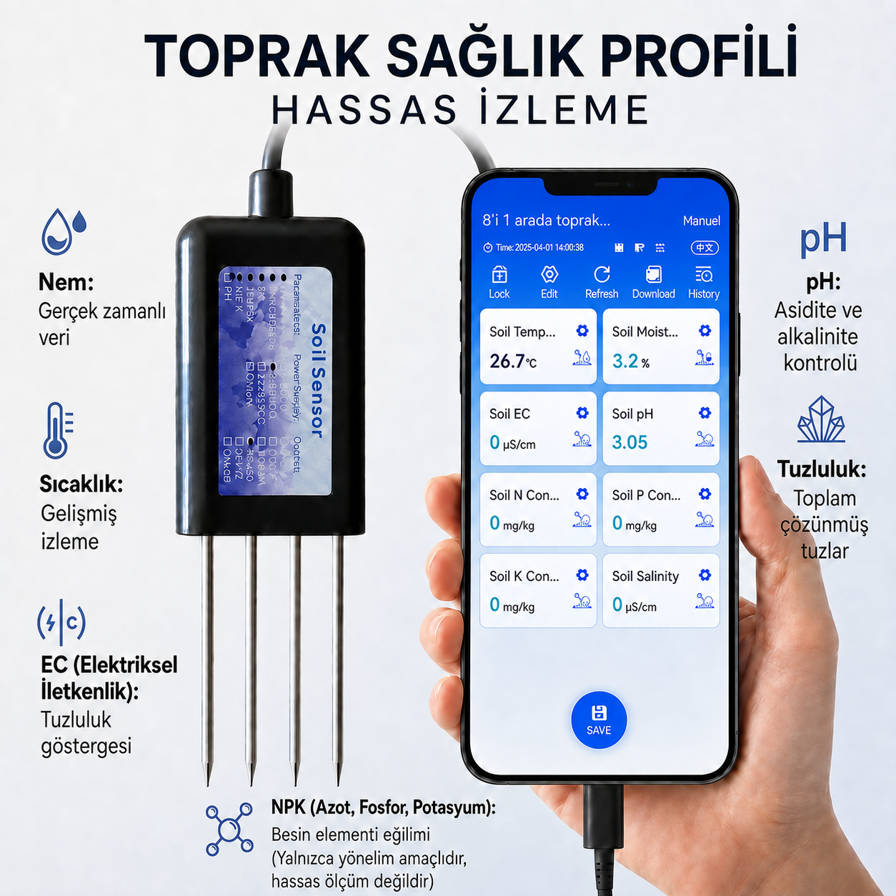 TOPRAK SICAKLIĞI-NEMİ-EC-TUZLULUĞU-NPK ÖLÇER (ANDROID)