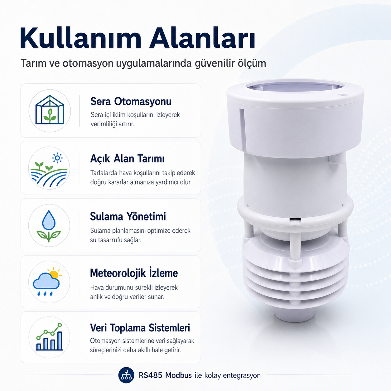 ULTRASONİK RÜZGAR HIZI-YÖNÜ, SICAKLIK, NEM, IŞIK, YAĞMUR SENSÖRÜ (RS485-MODBUS RTU)