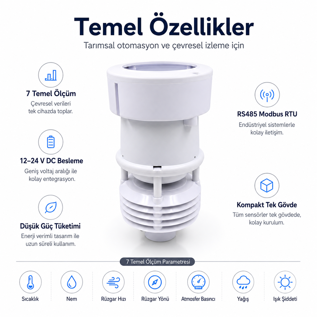 ULTRASONİK RÜZGAR HIZI-YÖNÜ, SICAKLIK, NEM, IŞIK, YAĞMUR SENSÖRÜ (RS485-MODBUS RTU)