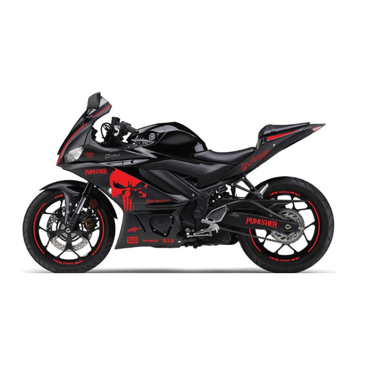 2019-2020 Yamaha YZF R25 Kırmızı Punisher Yazılı Sticker Etiket Full Takım Modeli