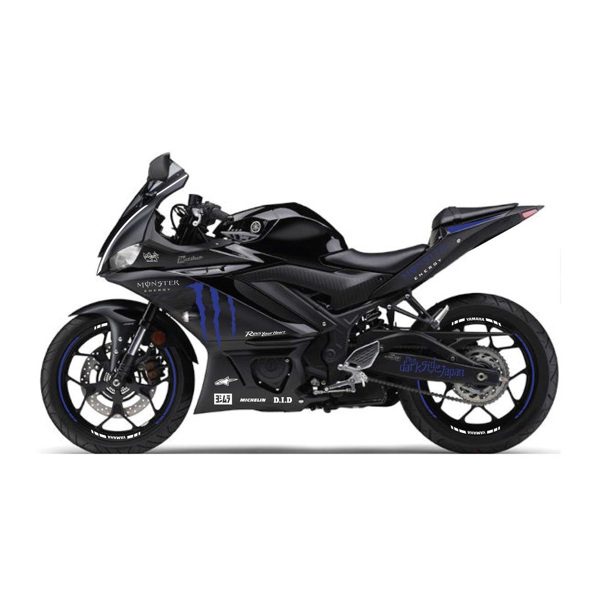 2019-2020 Yamaha YZF R25 Lacivert ( Gece Mavisi ) - Beyaz Monster Sticker Etiket Full Takım Modeli