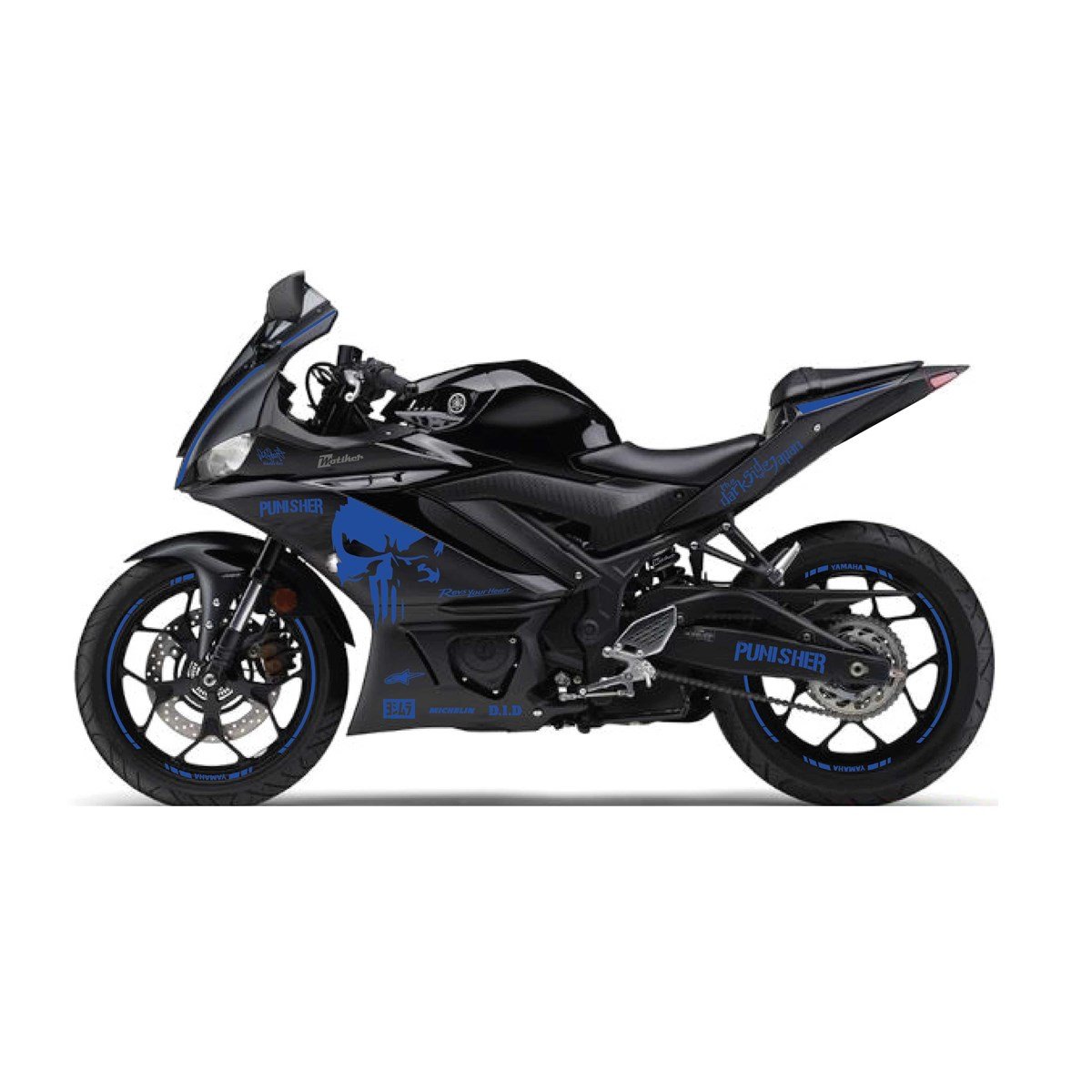 2019-2020 Yamaha YZF R25 Lacivert ( Gece Mavisi) Punisher Sticker Etiket Full Takım Modeli