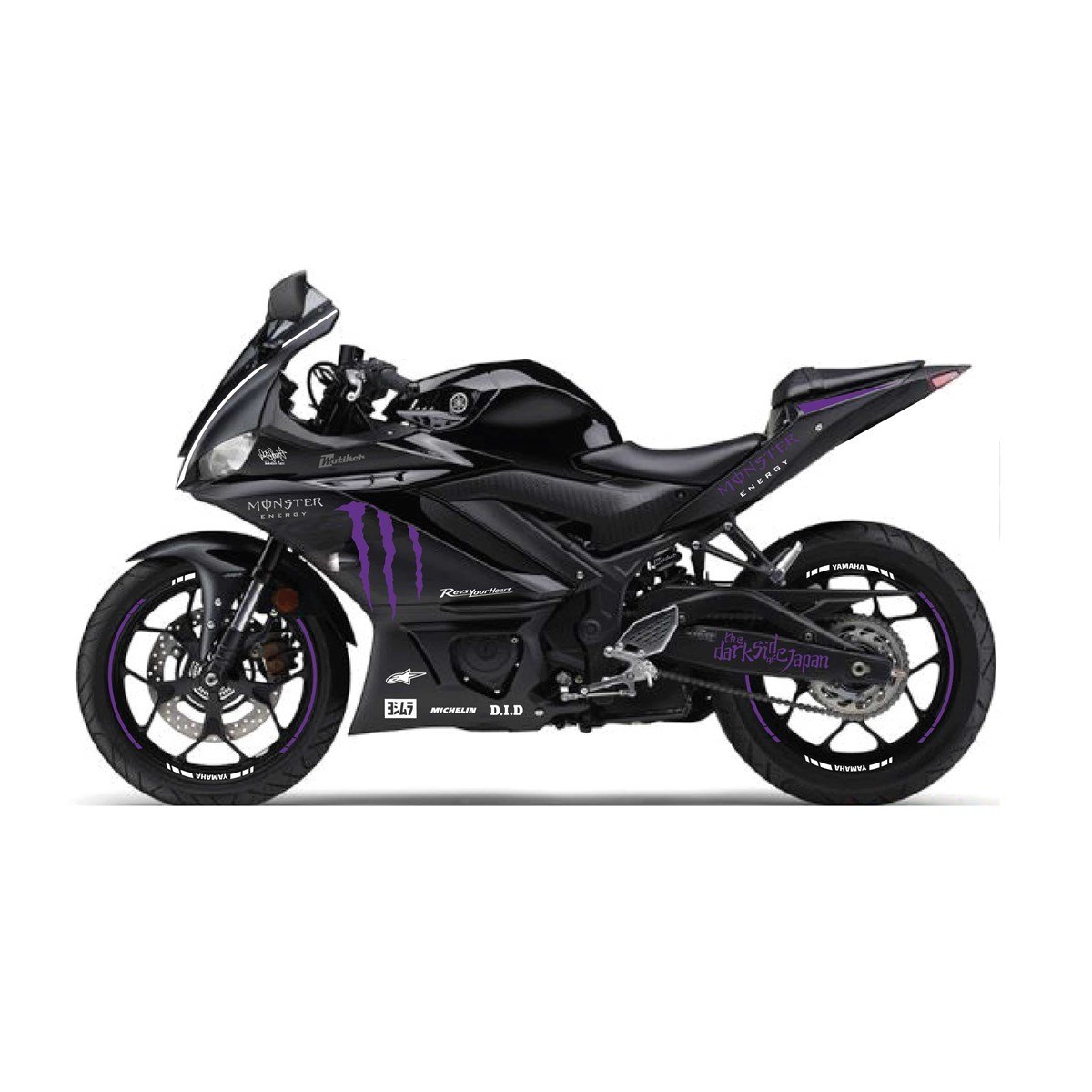 2019-2020  Yamaha YZF R25 Mor- Beyaz Monster Sticker Etiket Full Takım Modeli