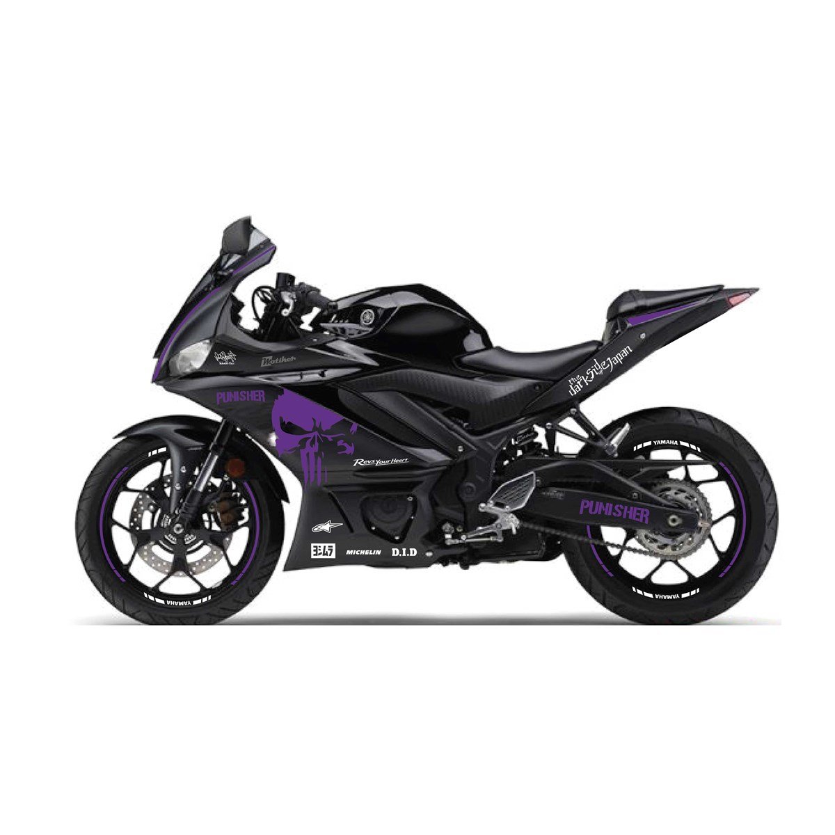2019-2020  Yamaha YZF R25 Mor- Beyaz  Punisher Sticker Etiket Full Takım Modeli