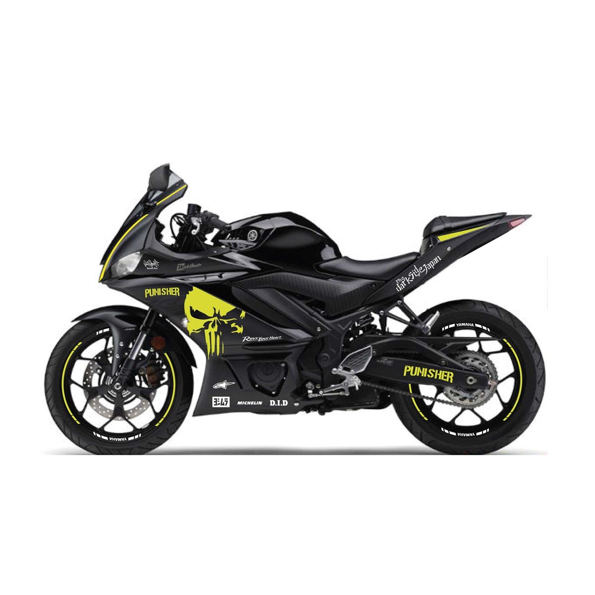 2019-2020  Yamaha YZF R25 Neon Sarı- Beyaz  Punisher Sticker Etiket Full Takım Modeli