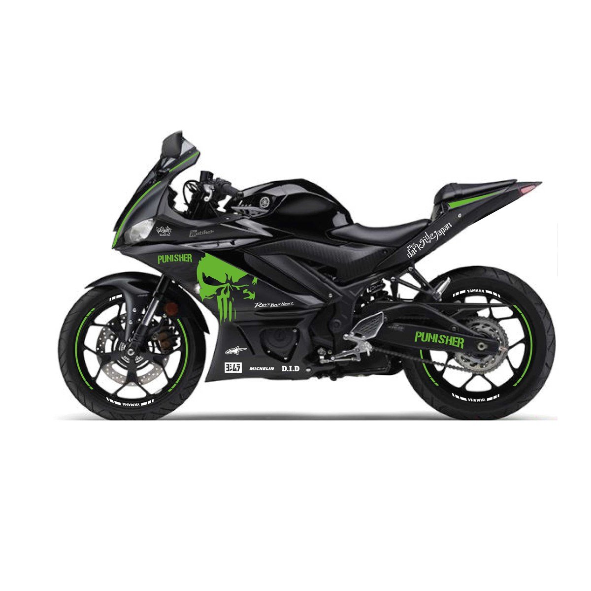2019-2020  Yamaha YZF R25 Yeşil- Beyaz  Punisher Sticker Etiket Full Takım Modeli