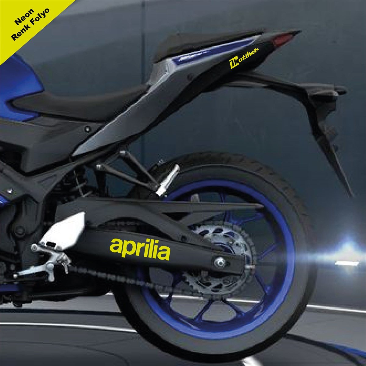 Aprilla Yazılı Neon Sarı Arka Maşa Sticker Etiket Modeli