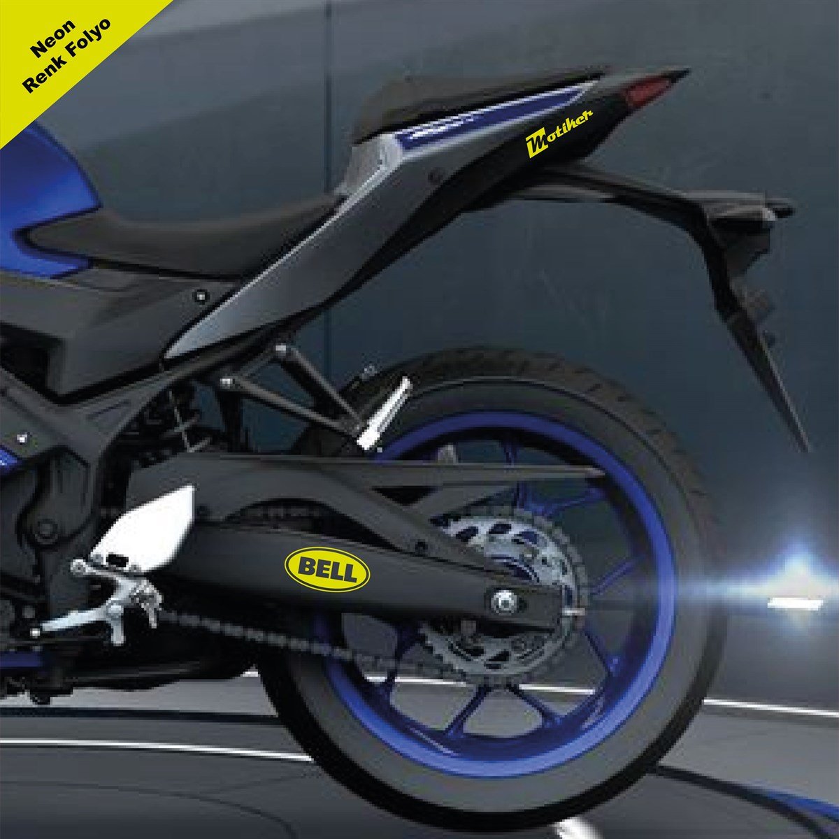 Bell Yazılı Neon Sarı Arka Maşa Sticker Etiket Modeli